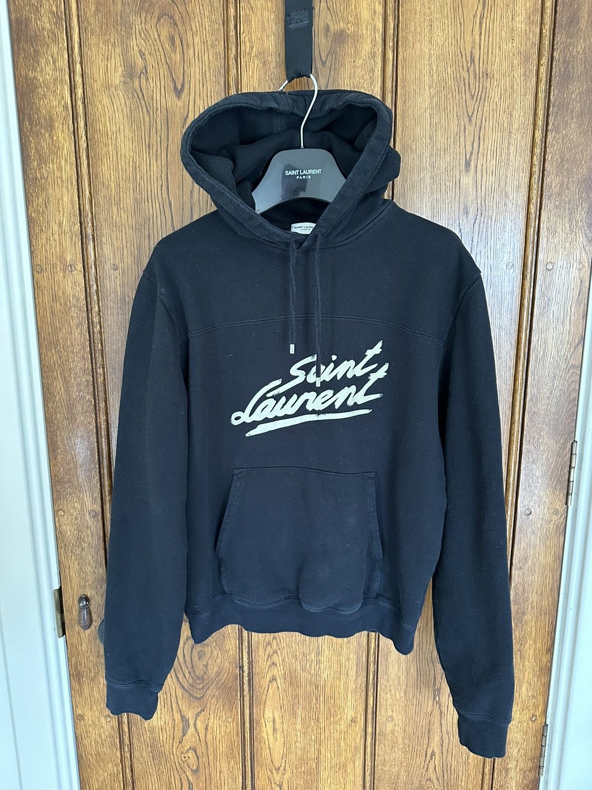 image of Saint Laurent Paris $1150 Saint Laurent 50’S Signature Logo Hoodie Black, Men's (Size Small)