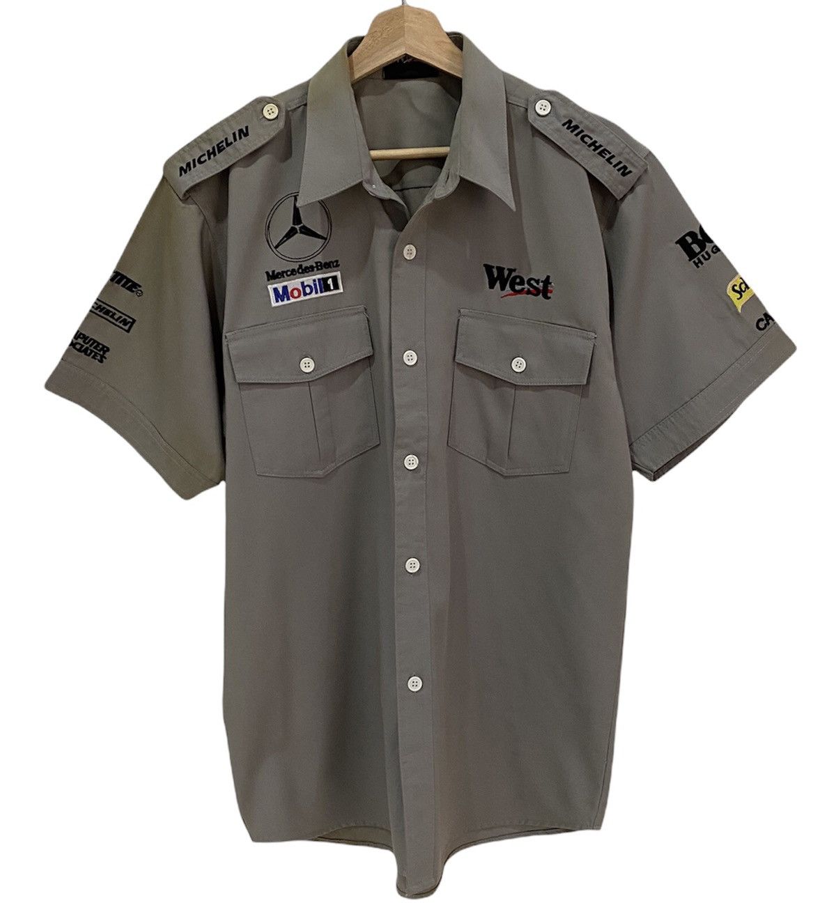 image of Mercedes Benz x Racing Vintage Mercedes-Benz Mobil 1 Racing Hugo Boss Button Shirt in Grey (Size Me