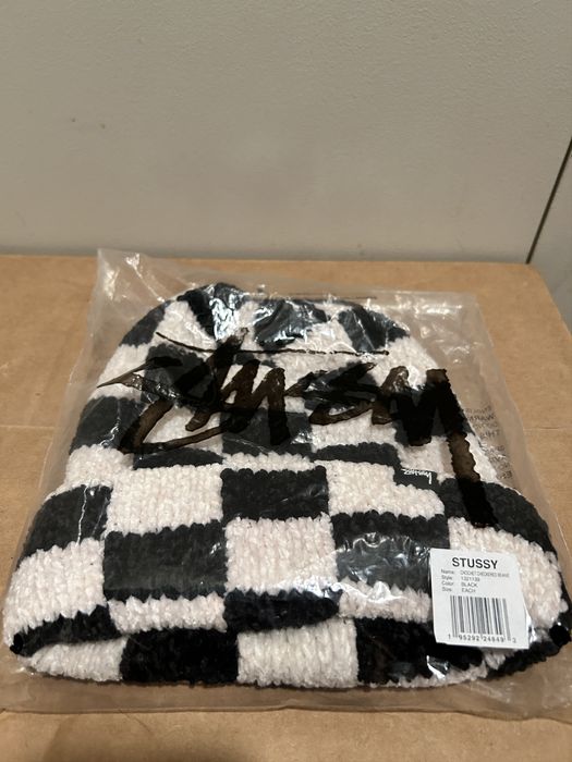 Stussy stussy crochet checker beanie - white/black | Grailed