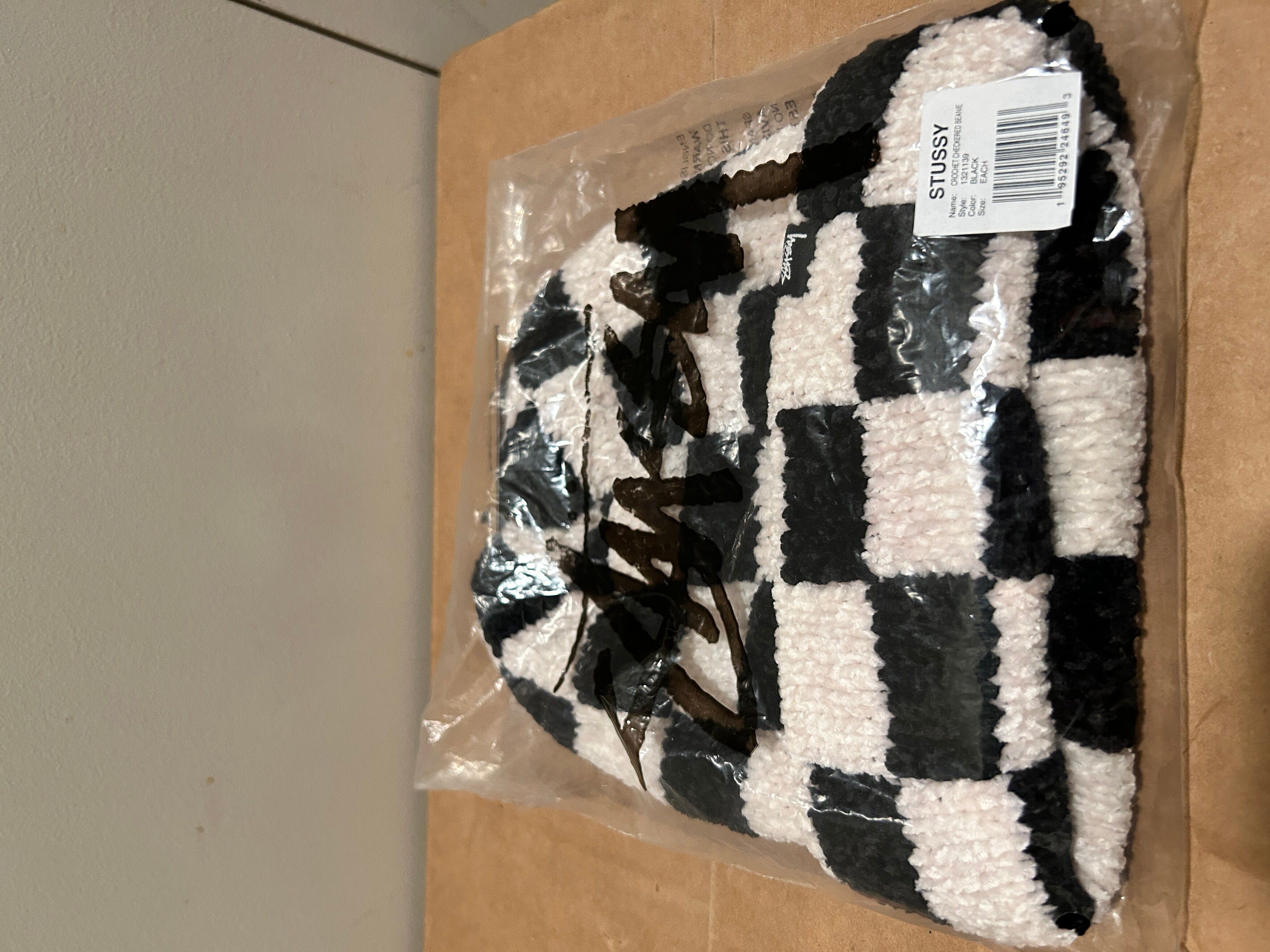 Pre-owned Stussy Crochet Checker Beanie - White/black In Black White