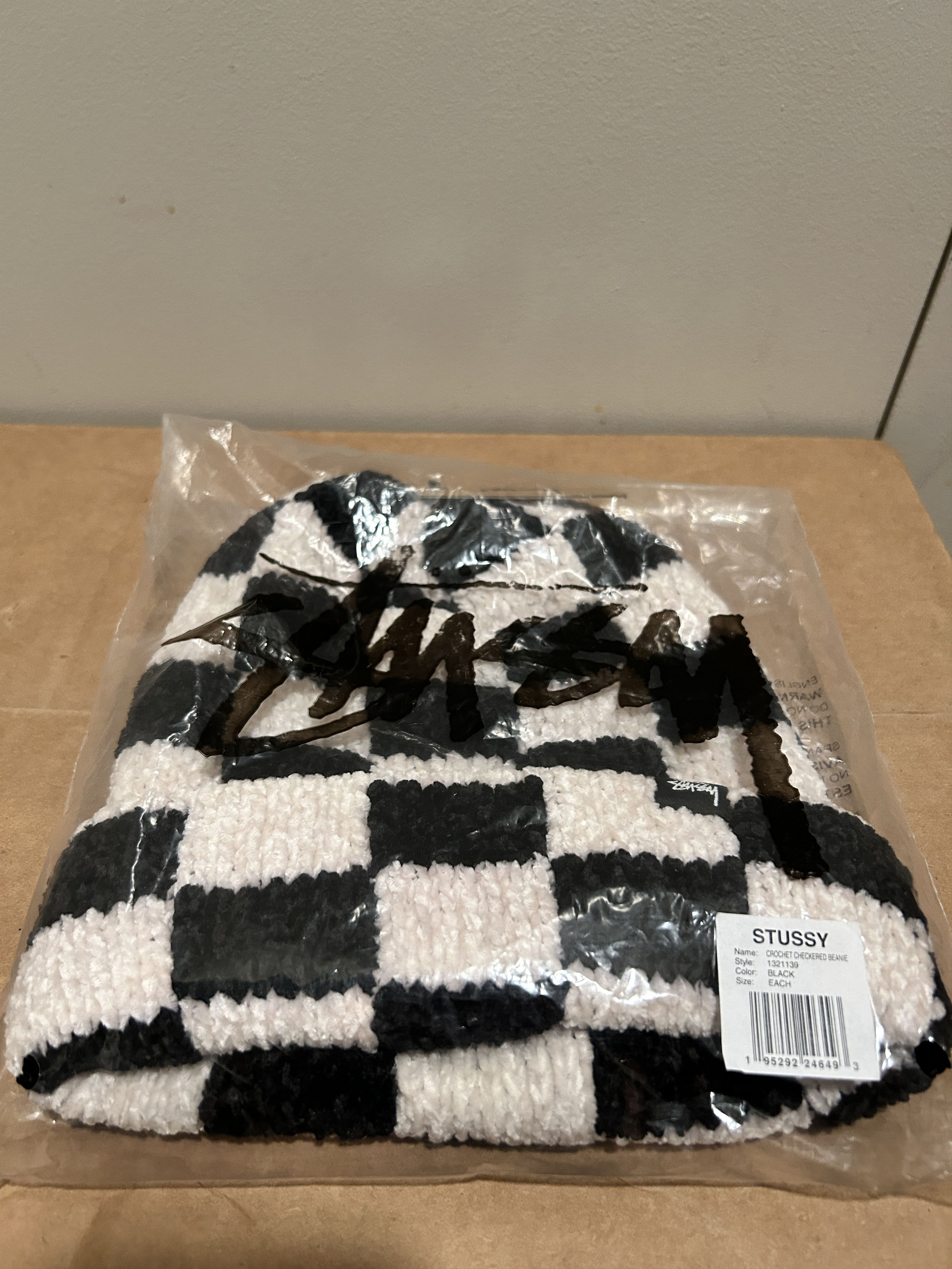 image of Stussy Crochet Checker Beanie - White/black in Black White, Men's