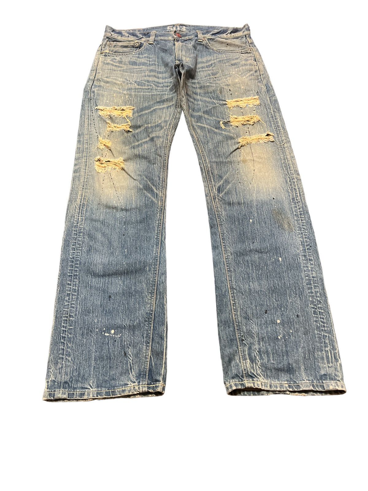 Japanese Brand THRASHED💥EDWIN 503 RIPPED DISTRESSED DENIM PANT Size US 36 / EU 52 - 2 Thumbnail