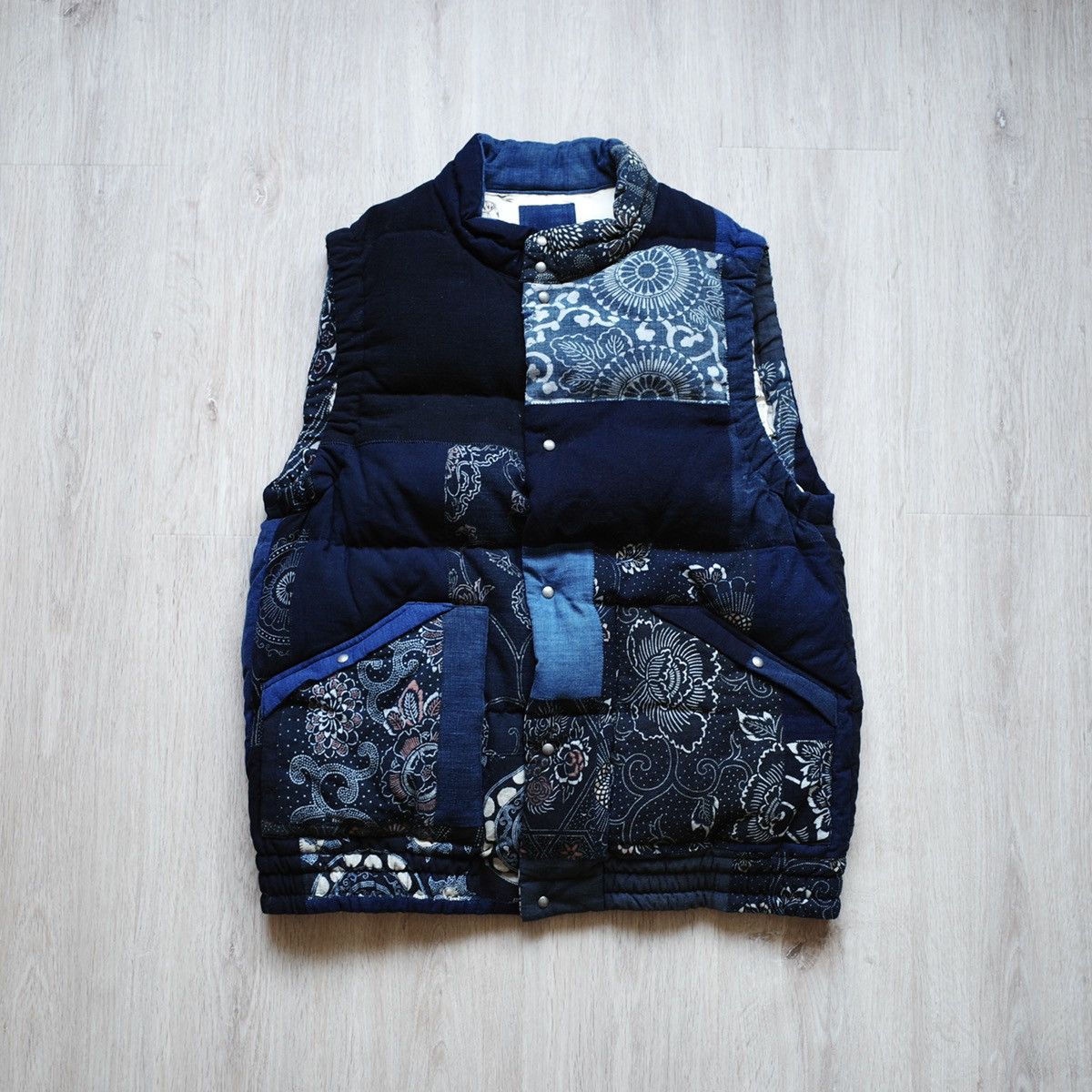 image of Visvim Ict Insulator Down Vest Kofu in Indigo Pattern, Men's (Size XL)