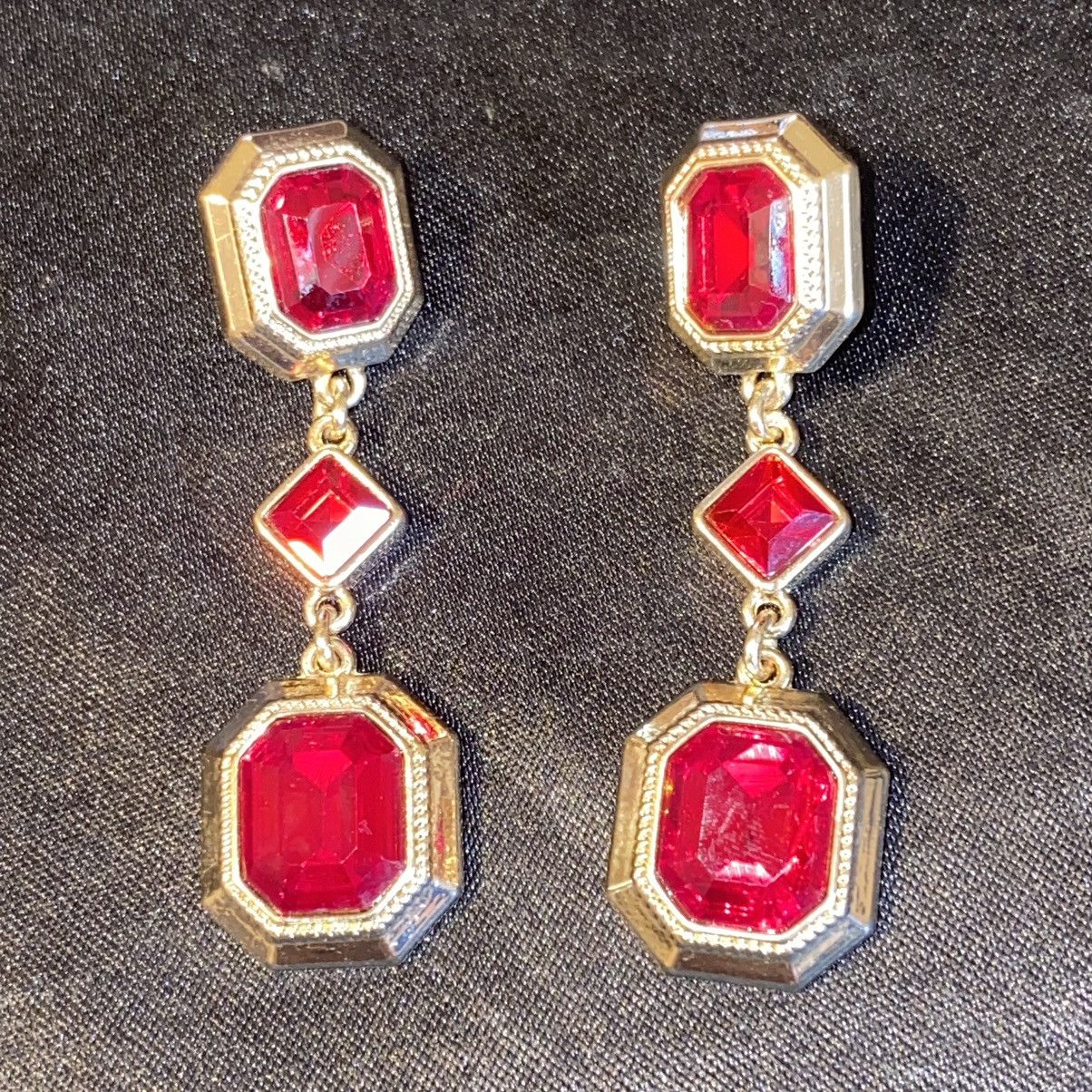 image of Avant Garde x Gold Plated Vintage Monet Ruby Colored Cubic Zirconia Dangle Earrings in Red/Gold