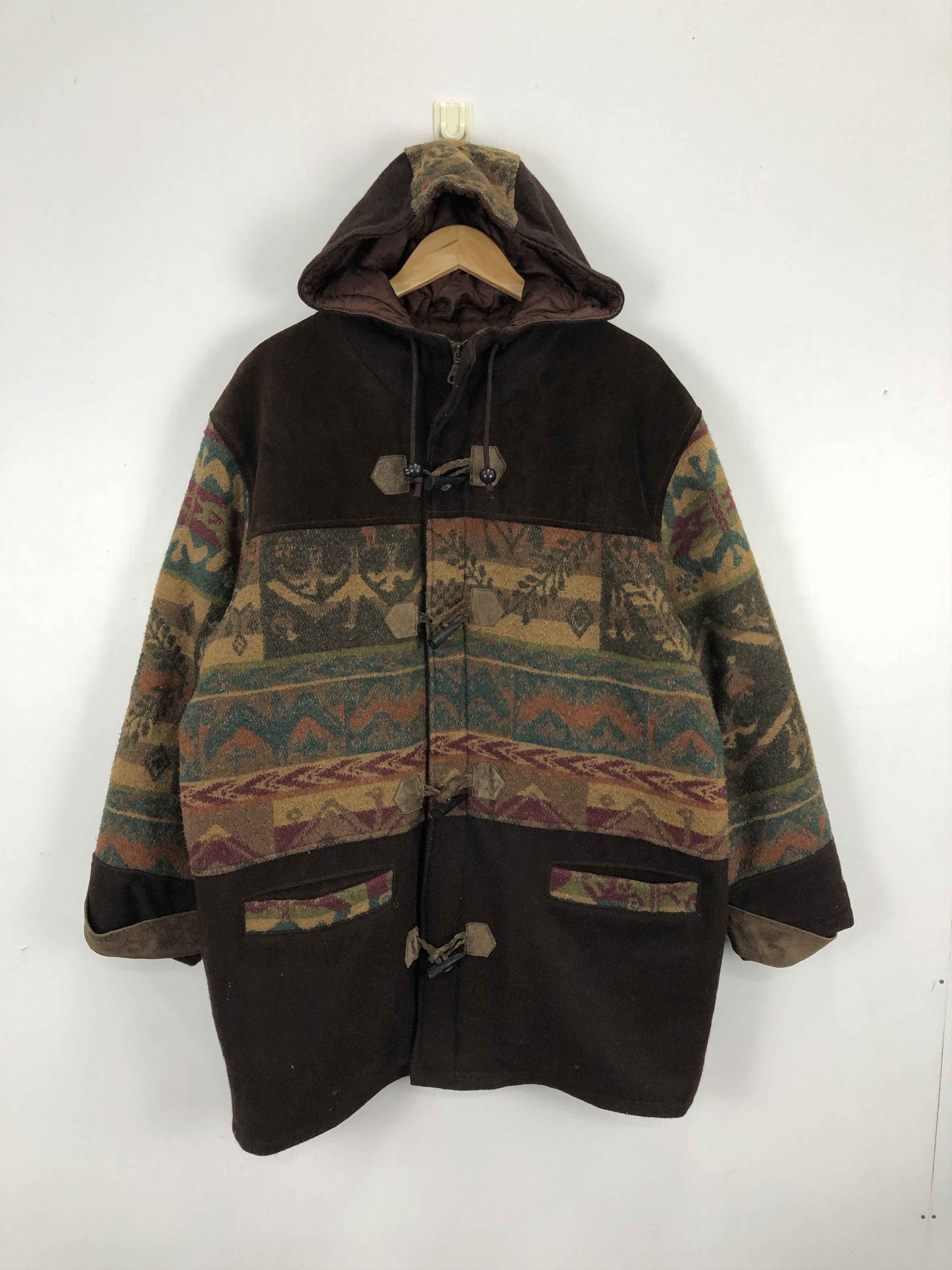 image of Cowboy Equipment x Vintage 90's Cowboy Jacket Navajo Style Leather Hunting in Brown (Size Medium)
