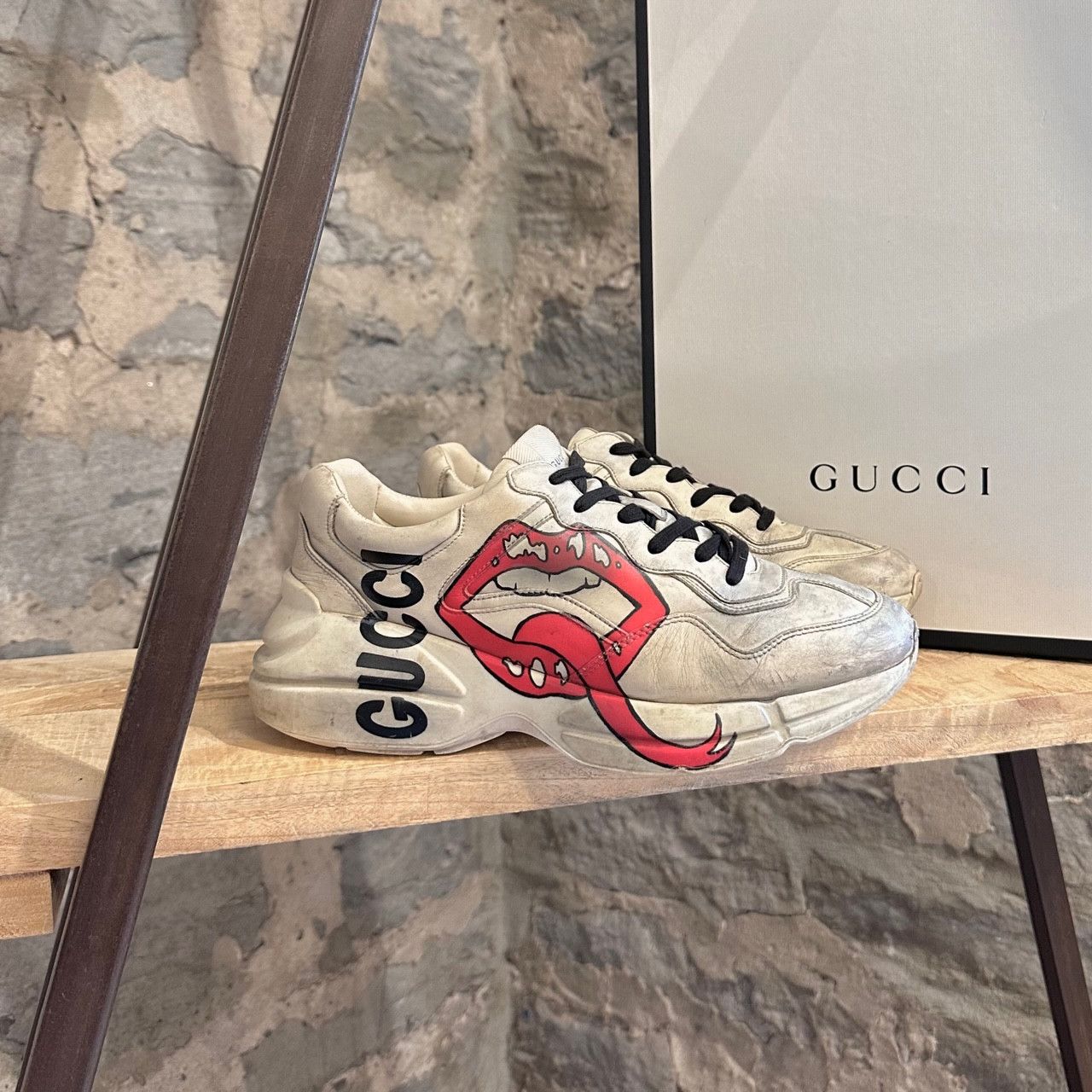 image of Gucci Ivory Mouth Print Distressed Rhyton Chunky Sneakers, Men's (Size 9)