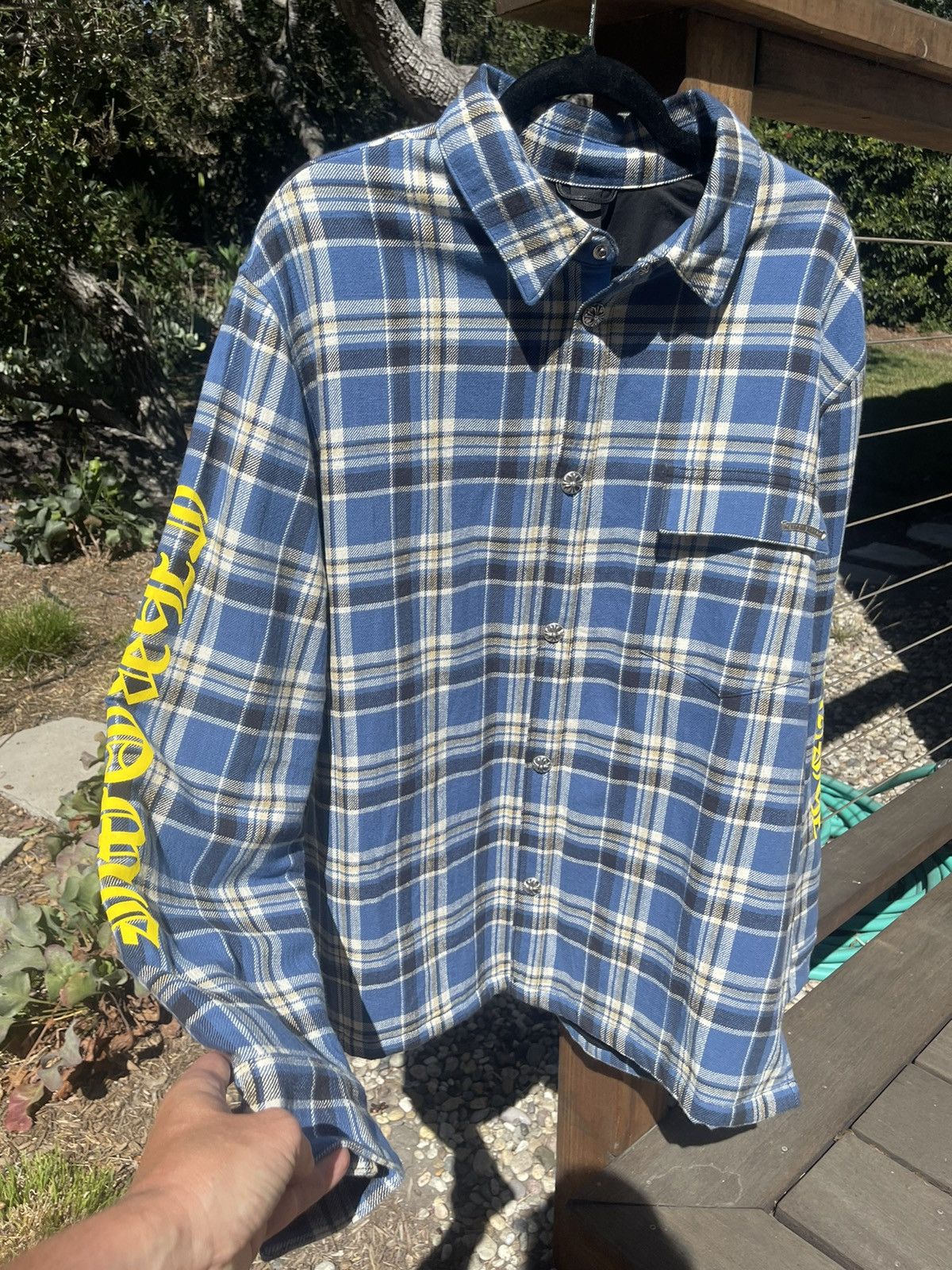 image of Chrome Hearts Lined Flannel Jacket Shirt in Blue, Men's (Size XL)