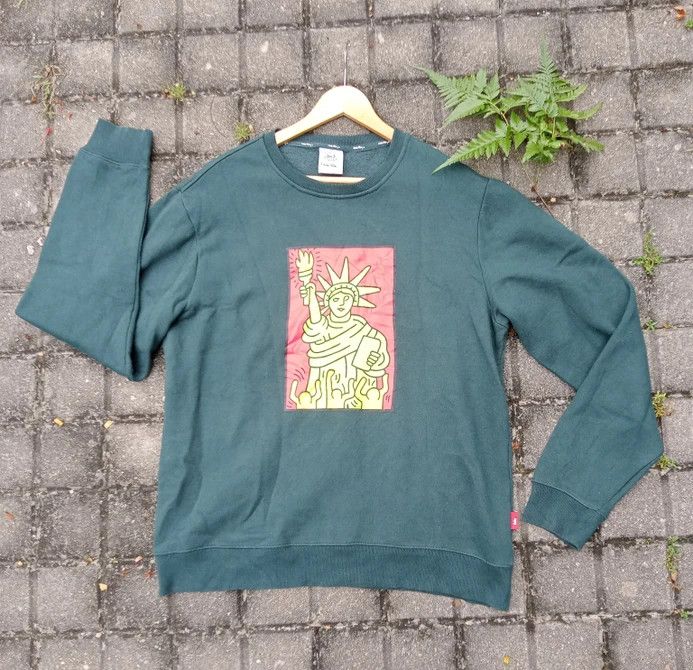 image of America x Art Vintage Keith Haring Art Statue Of Liberty Crewneck in Elmared Green (Size Large)