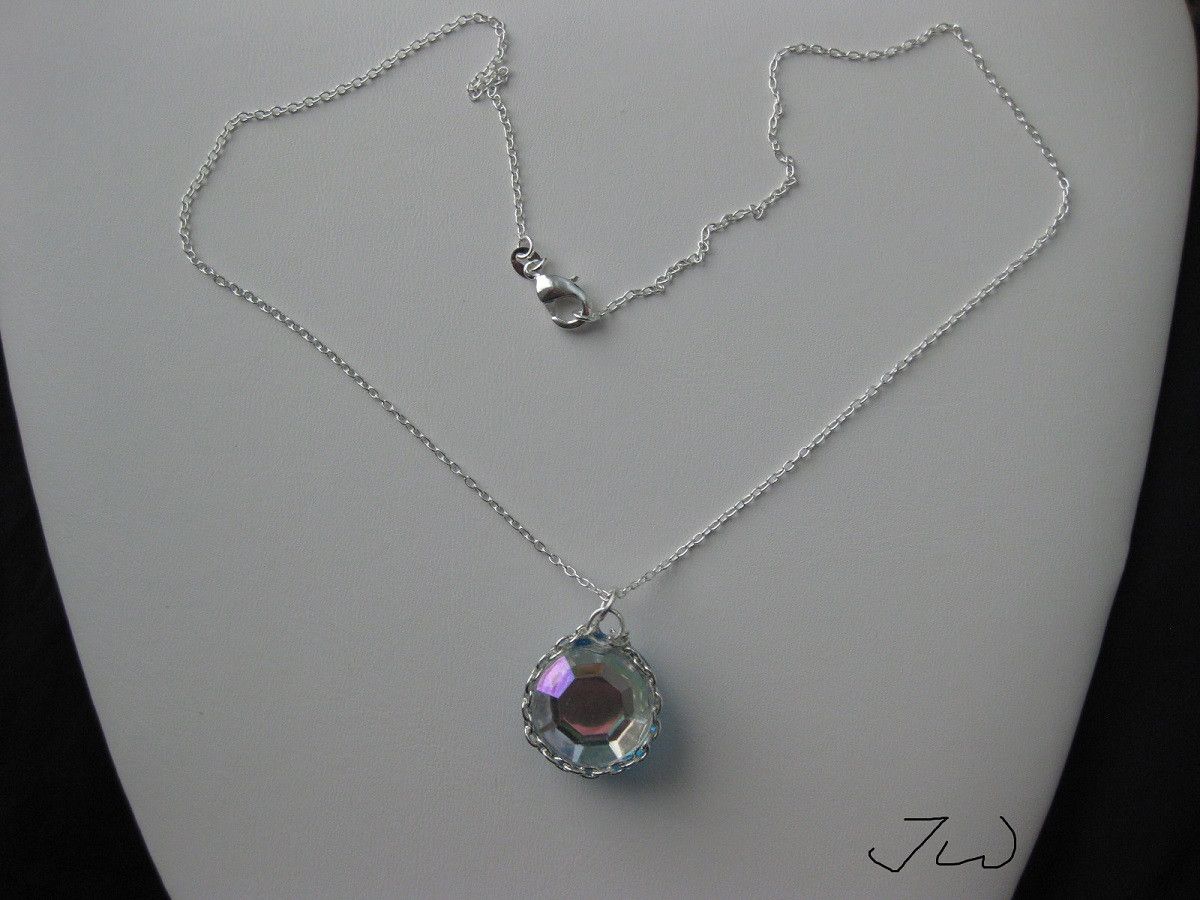 Handmade Blue Round Glass Silver Chain Necklace with CZ Size ONE SIZE - 5 Thumbnail