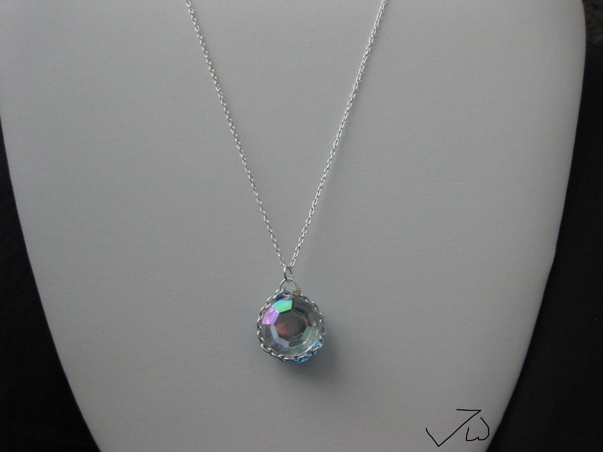 Handmade Blue Round Glass Silver Chain Necklace with CZ Size ONE SIZE - 1 Thumbnail