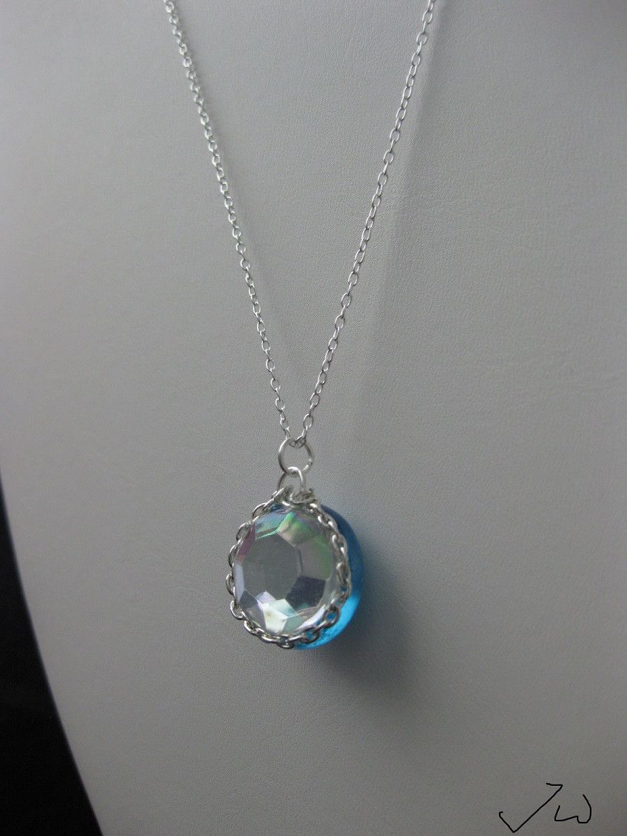 Handmade Blue Round Glass Silver Chain Necklace with CZ Size ONE SIZE - 2 Thumbnail