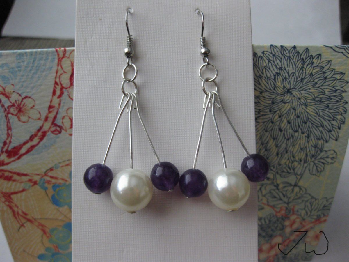 Handmade Amethyst and Pearl bead Stainless Steel Earrings Size ONE SIZE - 1 Thumbnail