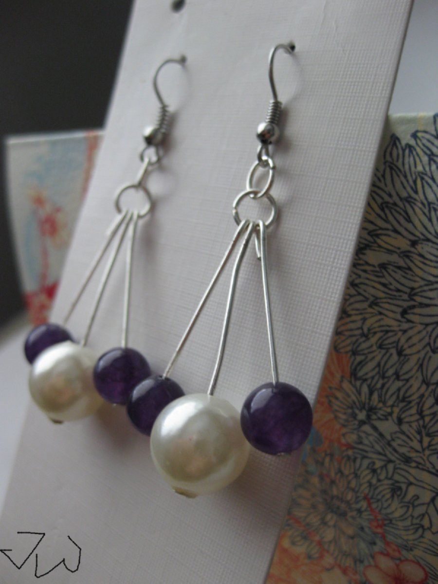 Handmade Amethyst and Pearl bead Stainless Steel Earrings Size ONE SIZE - 2 Thumbnail