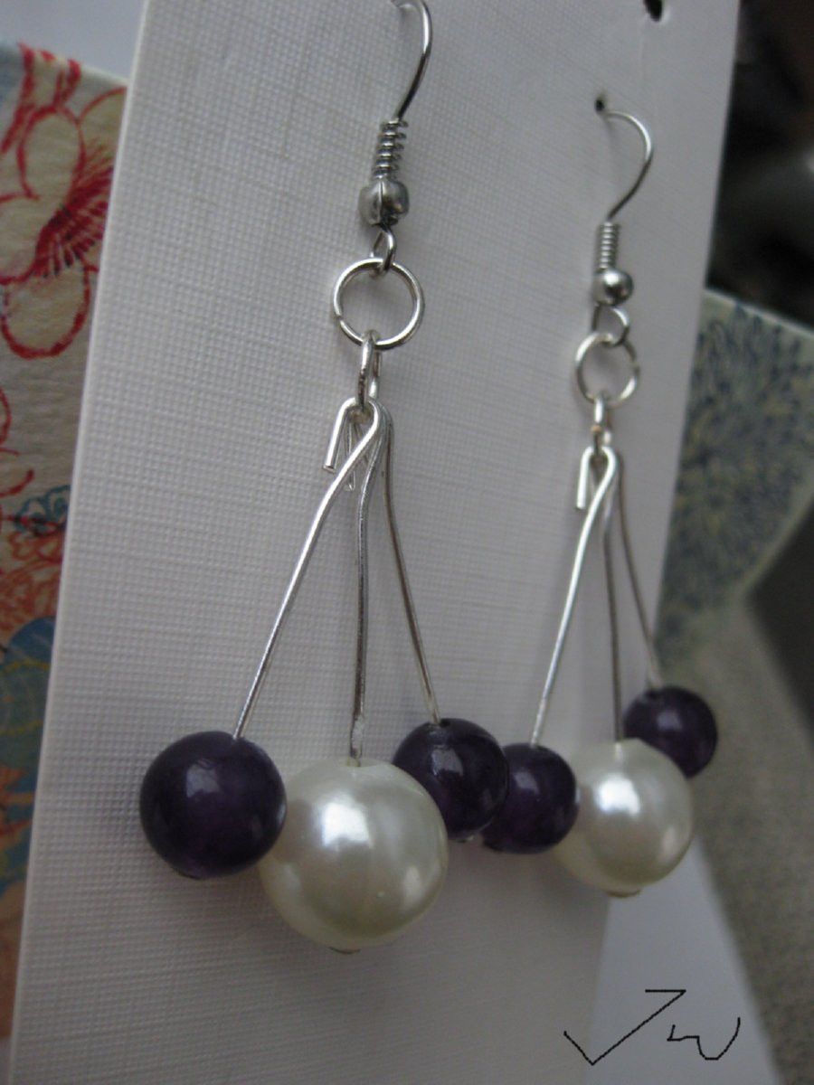 Handmade Amethyst and Pearl bead Stainless Steel Earrings Size ONE SIZE - 3 Thumbnail