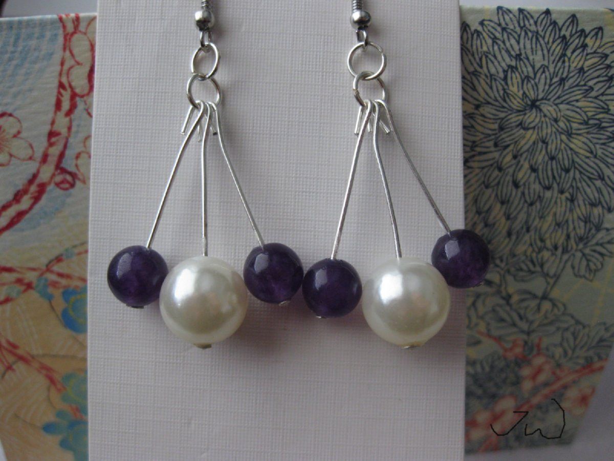 Handmade Amethyst and Pearl bead Stainless Steel Earrings Size ONE SIZE - 4 Thumbnail