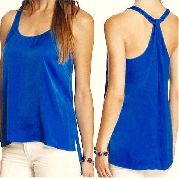 image of Bcbg Maxazria Edita Larkspur Blue Satin Racerback Keyhole High Low Tank, Women's (Size XS)