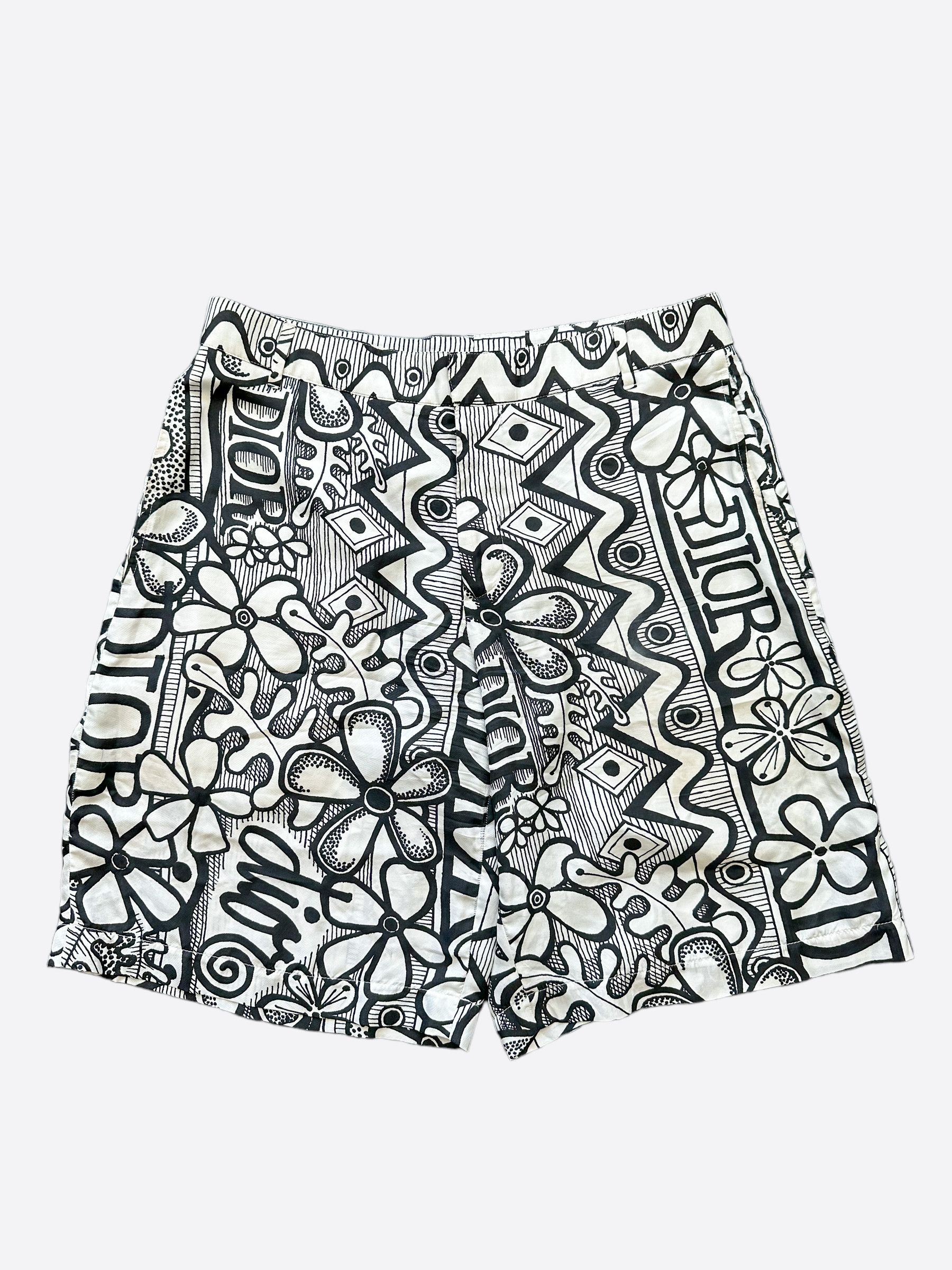image of Dior Stussy Black & White Silk Shorts, Men's (Size 32)