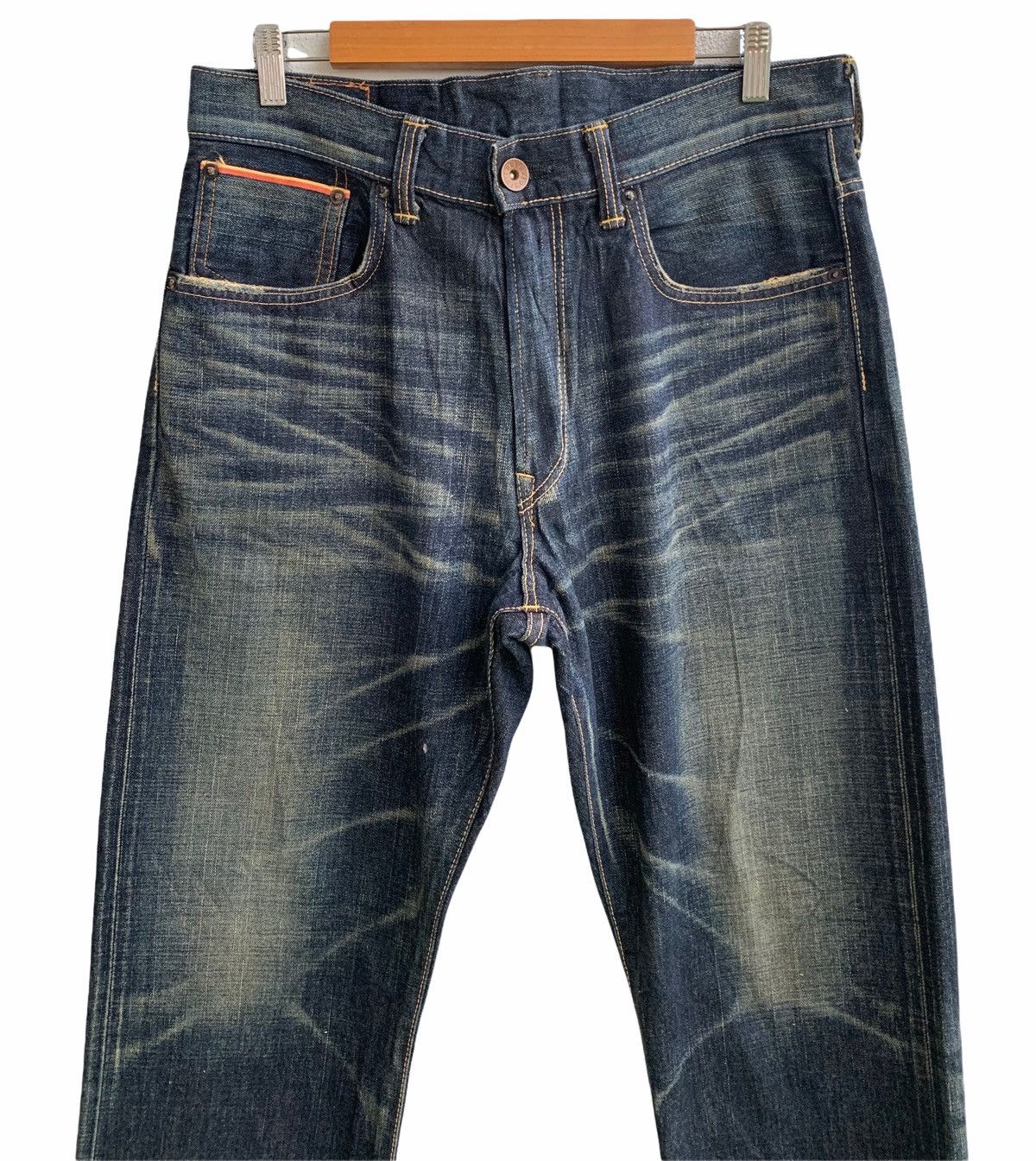 Japanese Brand Vintage Edwin Distressed Buckle Back Selvedge Size US 34 / EU 50 - 4 Thumbnail