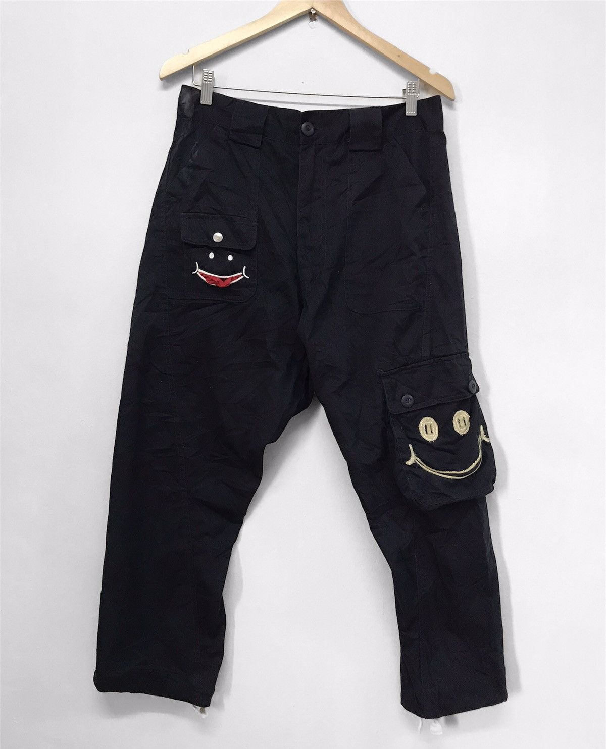 image of Niceup Start Smiley Face Cargo Monkey Pants Like Kapital in Blue, Men's (Size 33)