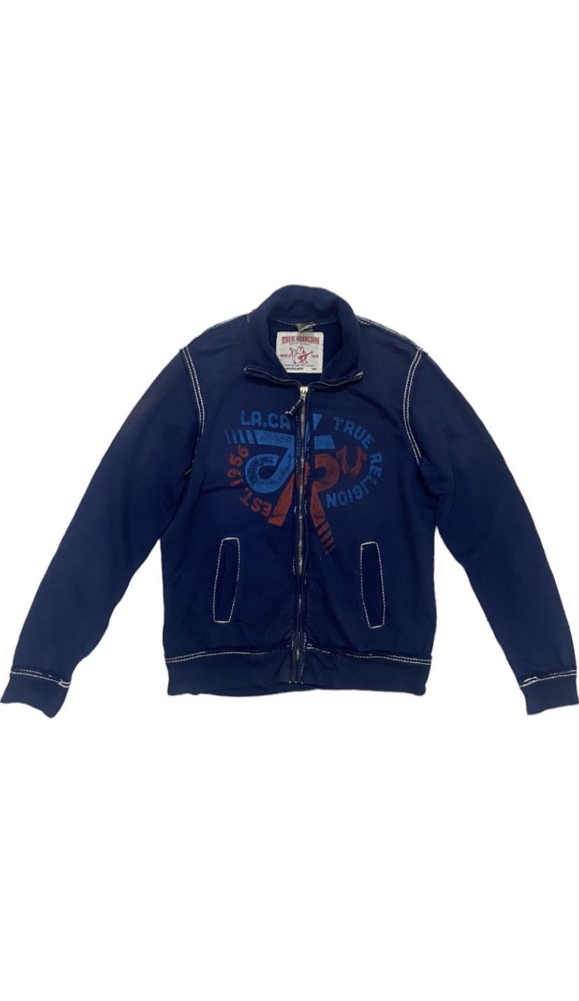 image of VTG Distress True Religion Zipper Sweatshirts in Faded Navy Blue, Men's (Size Large)
