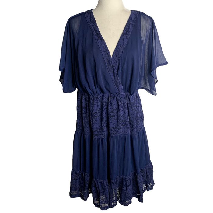 Other Torrid Lace Inset Chiffon Dress XL Blue Short Sleeves V Neck ...