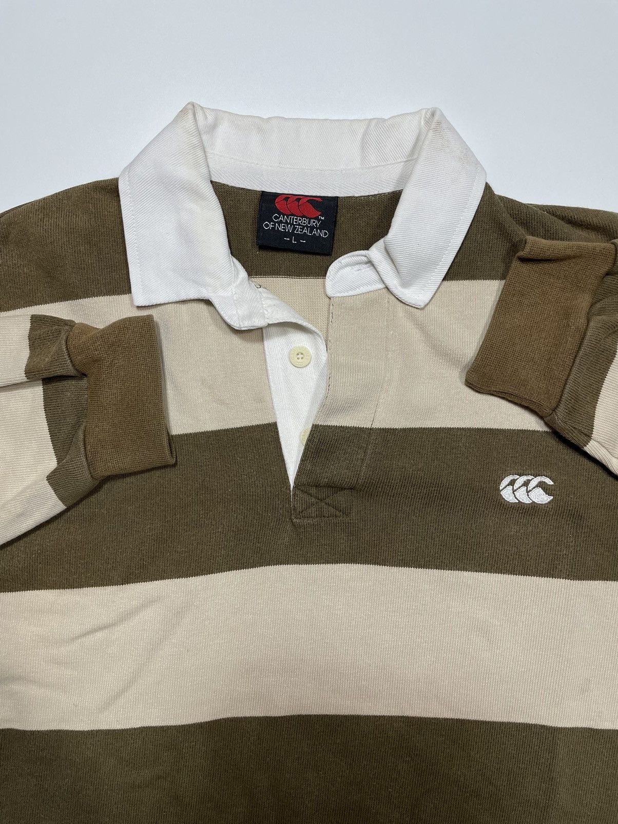 Canterbury of New Zealand Vintage Stripe Canterbury Long Sleeve Polo Shirt Nude rugby Size US L / EU 52-54 / 3 - 3 Thumbnail