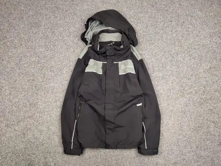 Mercedes-Benz Vintage 90's Mercedes-Benz Nylon Gray Logo Hooded Jacket Size US XL / EU 56 / 4 - 1 Thumbnail