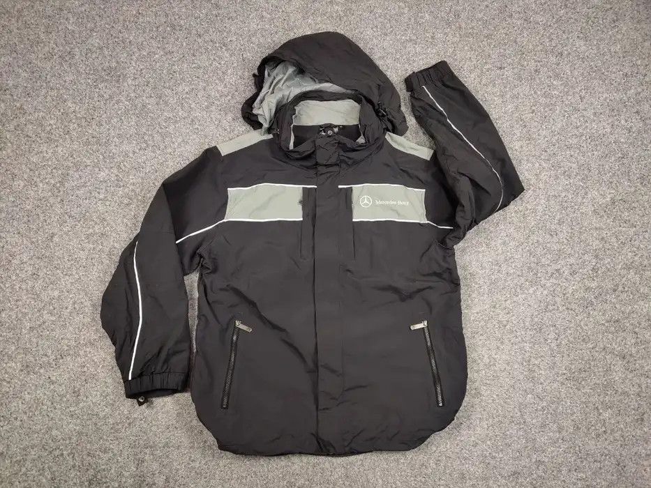 Mercedes-Benz Vintage 90's Mercedes-Benz Nylon Gray Logo Hooded Jacket Size US XL / EU 56 / 4 - 6 Thumbnail