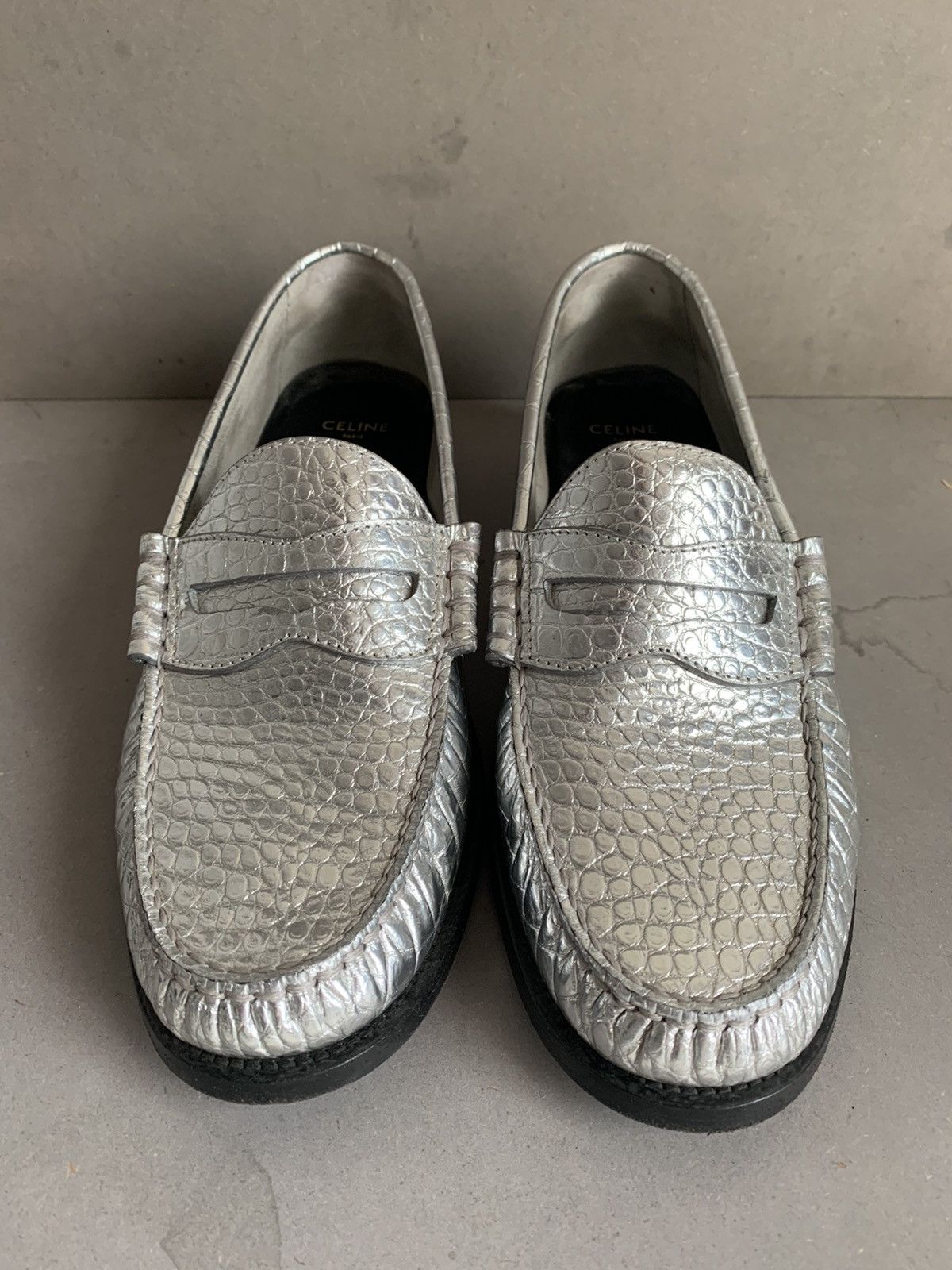 Celine Celine by Hedi Slimane Silver loafer croc embossed | Grailed