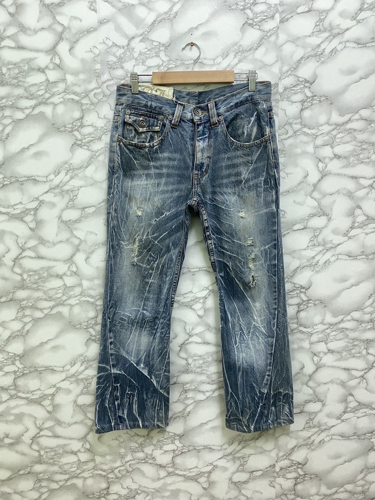 Japanese Brand Japanese Distressed Flared Acid Style Cropped Denim Pants Size US 29 - 1 Thumbnail