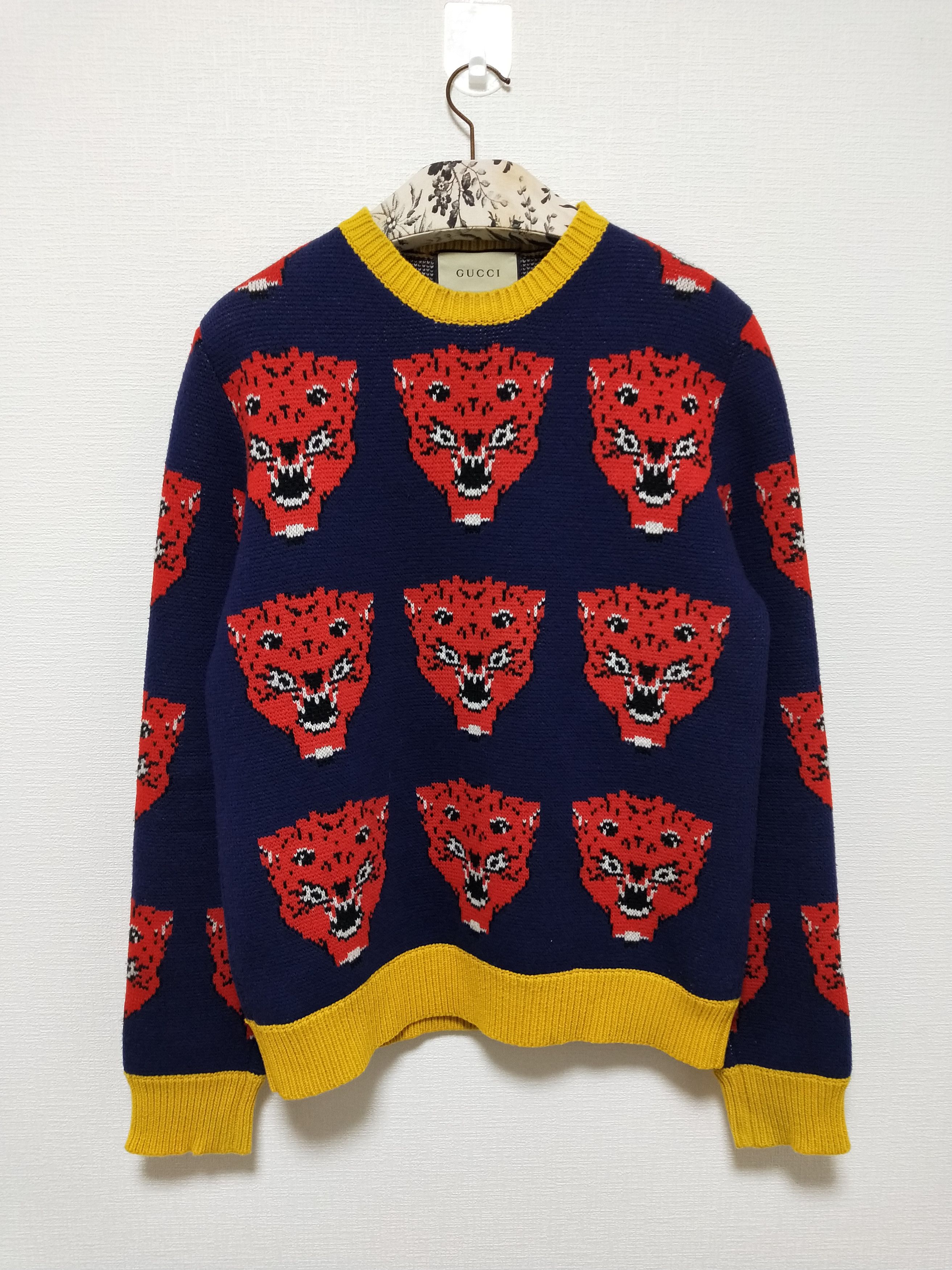 image of Gucci Tiger Jacquard Sweater in Navy, Men's (Size Small)