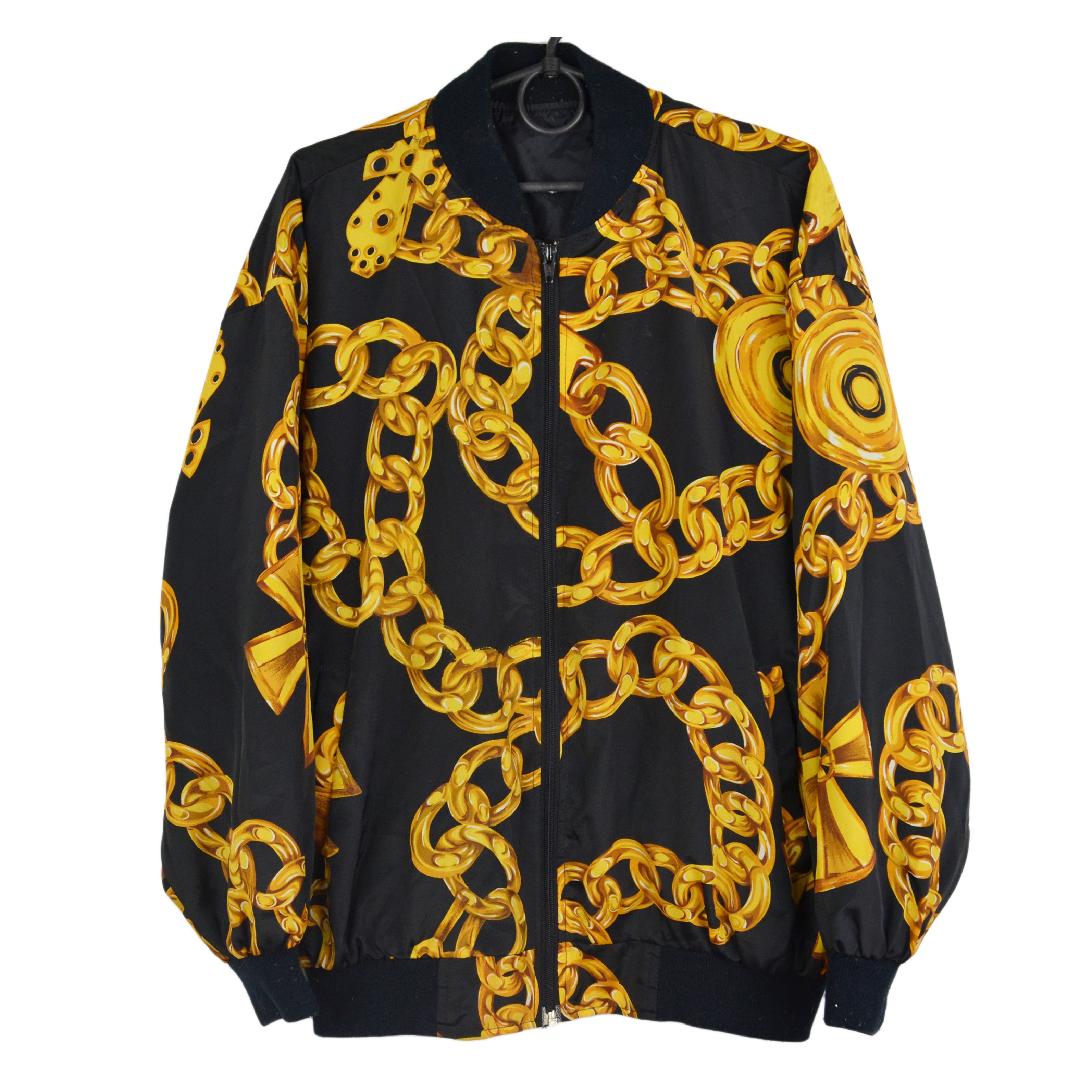 🔥 VERSACE Style Baroque Chains Jacket Zip Black Gold