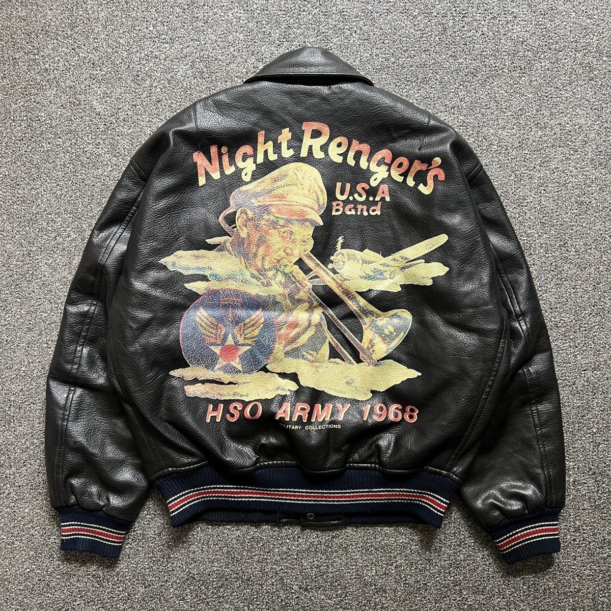 image of Leather Jacket x US Air Force Vintage U.s Airborne Night Rengers Army Collection Jacket in Black (S