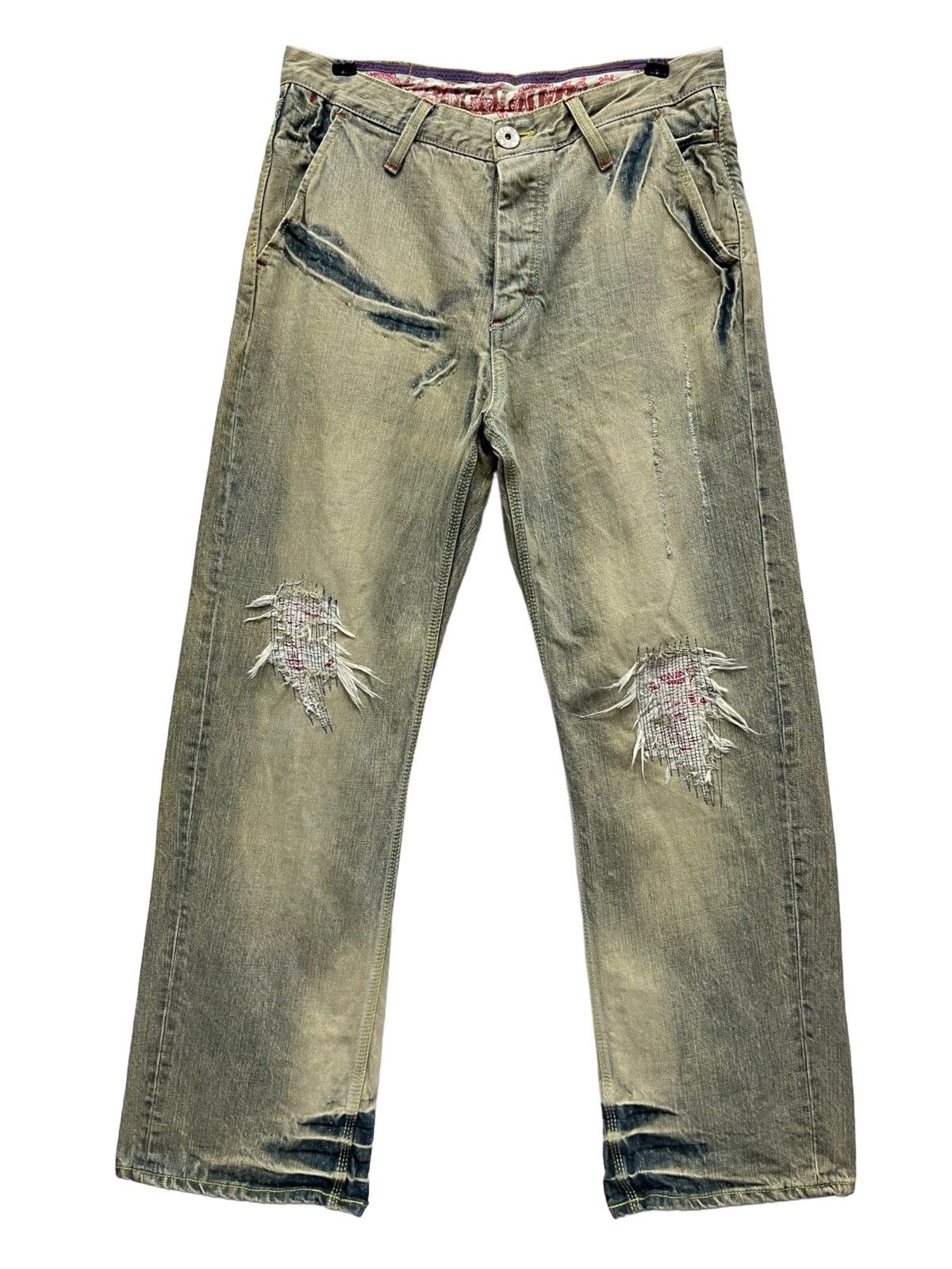 Vintage DOPE💥COCOLULU Distressed Greenish Blue Light Wash Sun Faded Size US 31 - 4 Thumbnail