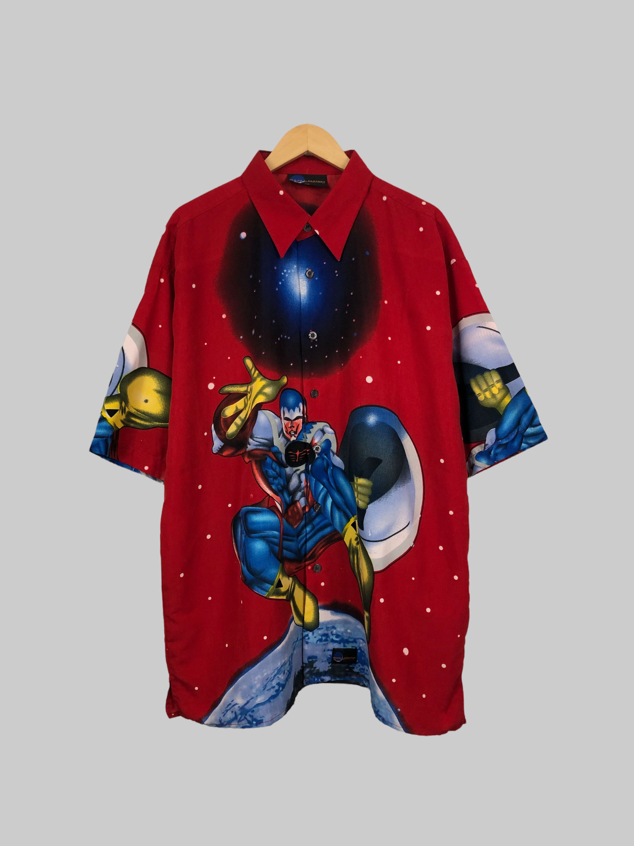 image of Anima x Vintage Space Warriors Anime Movie Button Up Oversize Shirt, Men's (Size XL)