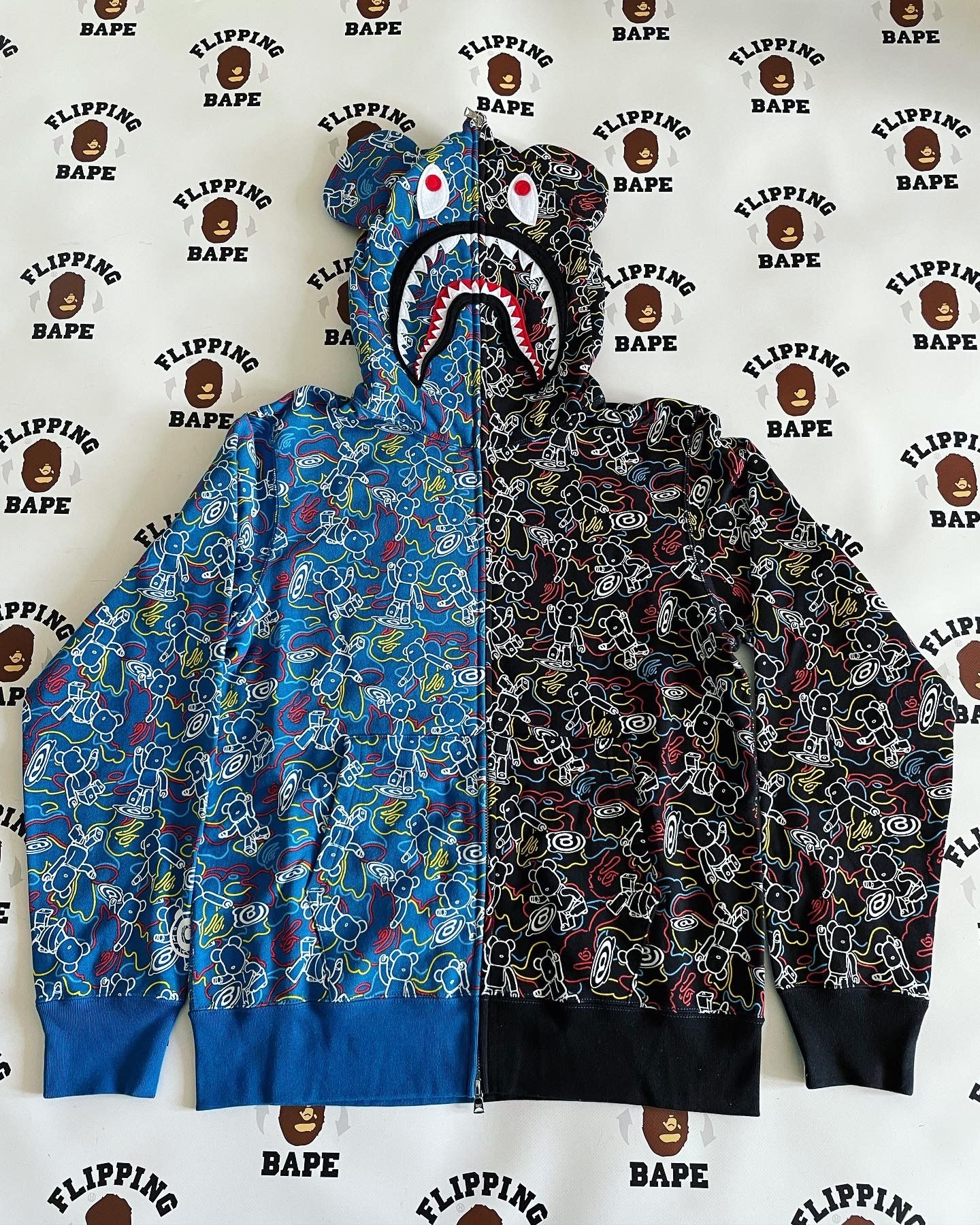 image of Bape x Medicom Toy Be@rbrick Camo Be@r Shark Half Full Zip in Black Navy, Men's (Size Medium)