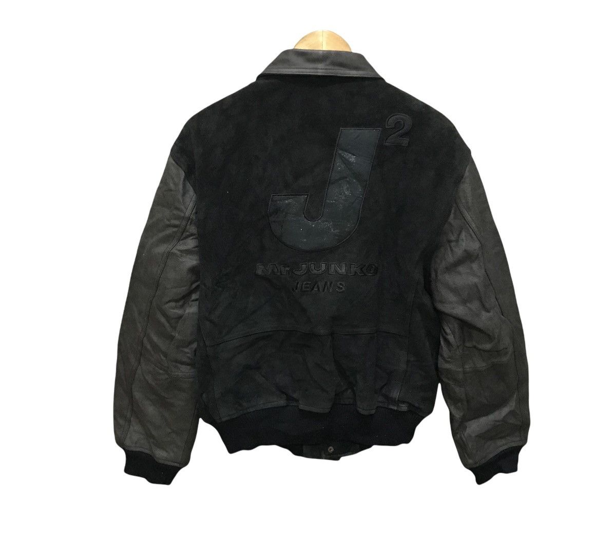 image of Leather Jacket x Mr Junko Vintage Mr.junko Varsity Suede Leather Bomber Jacket in Black (Size Mediu