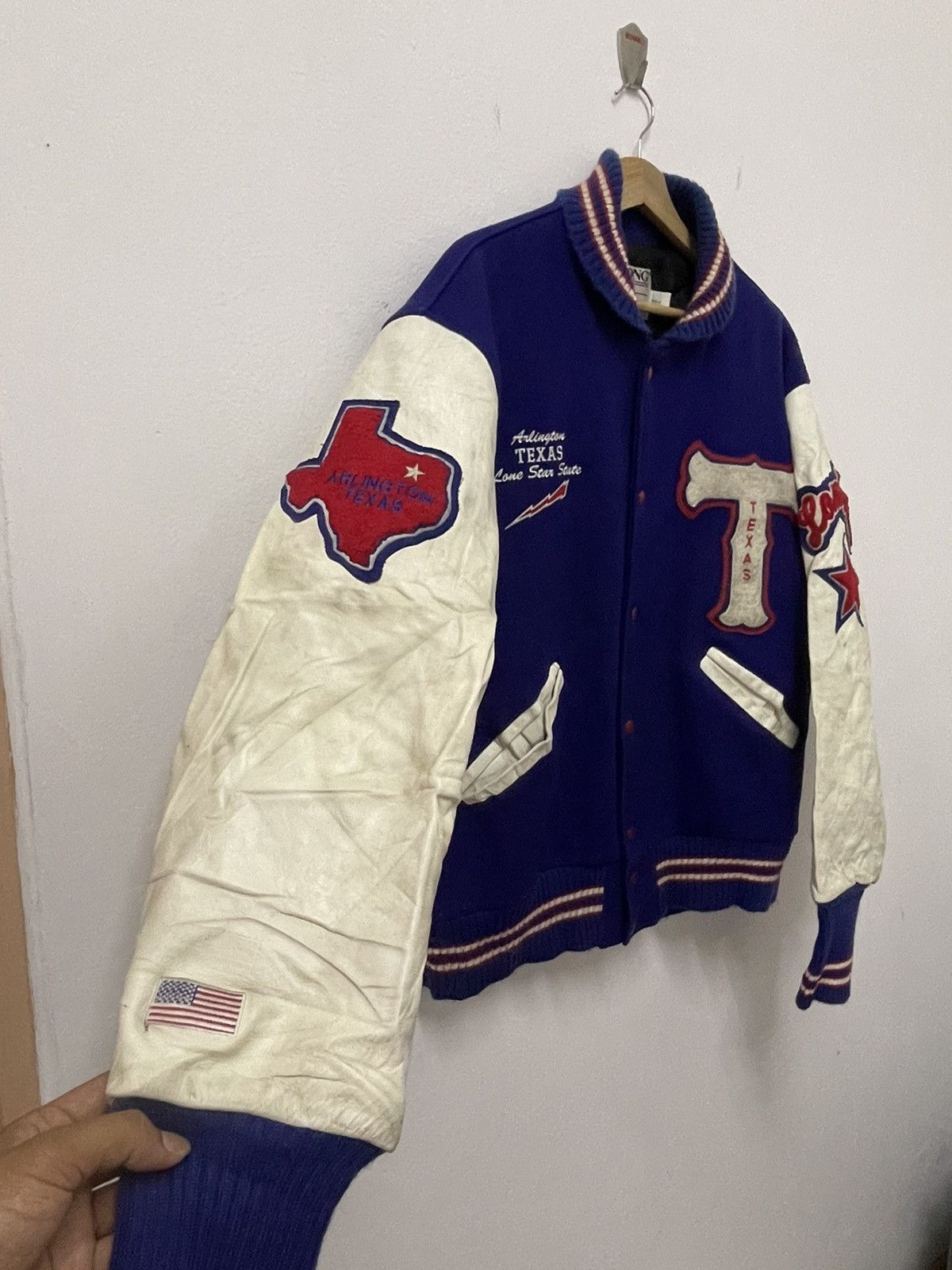 Delong × Vintage Vintage 90s Leather Varsity American State Texas Arlington Size US M / EU 48-50 / 2 - 5 Thumbnail