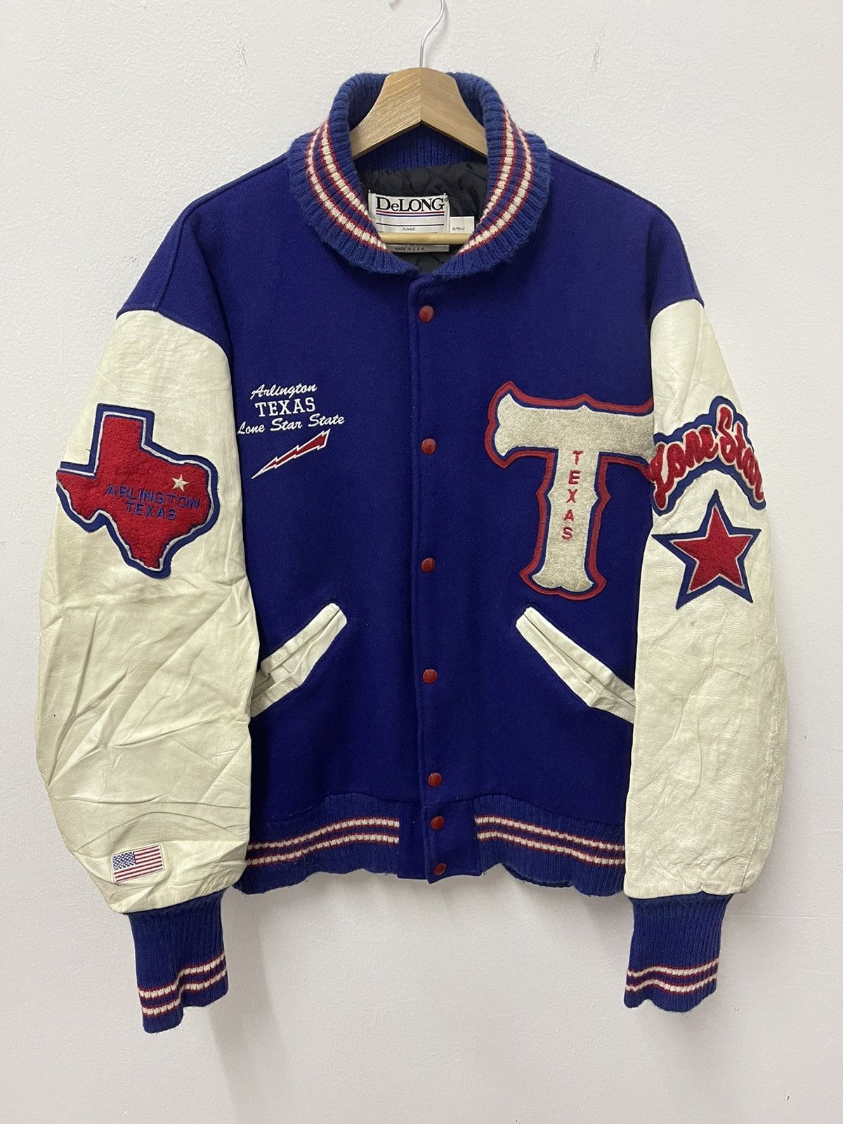 Delong × Vintage Vintage 90s Leather Varsity American State Texas Arlington Size US M / EU 48-50 / 2 - 4 Thumbnail