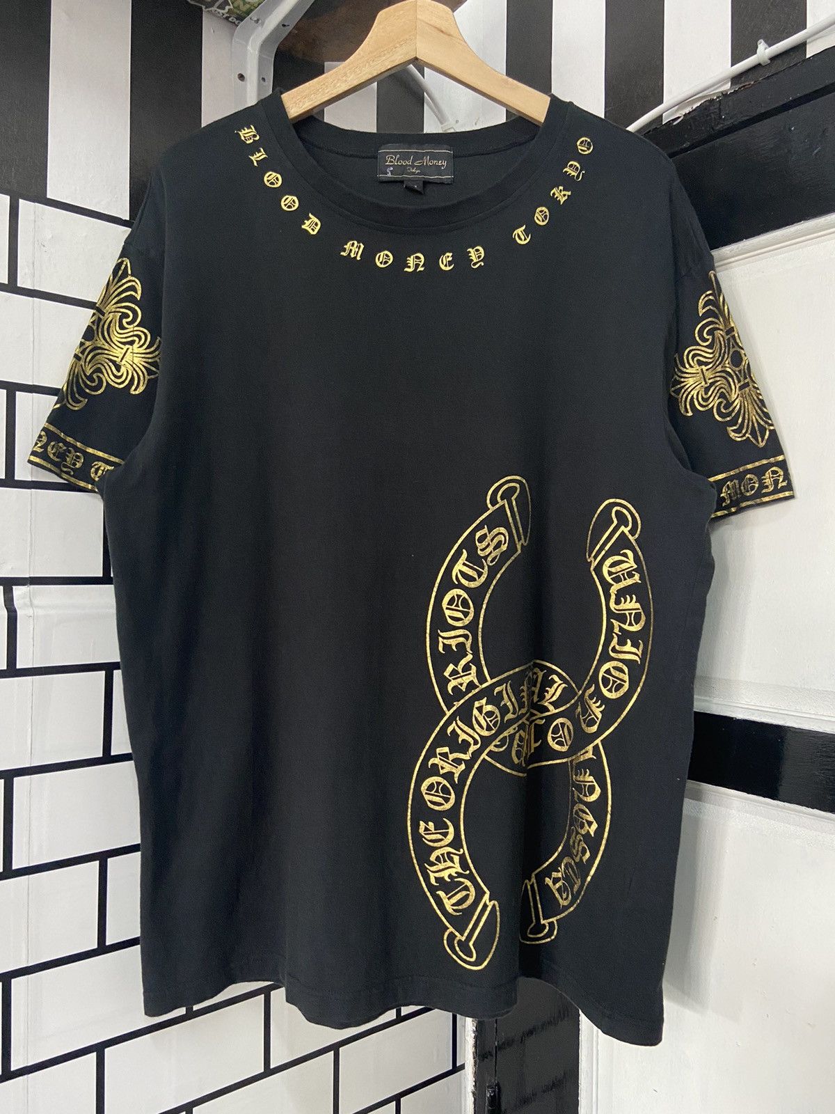 image of Vintage Archive Blood Money Tokyo Horses Cross Gothic Tshirt in Black/Gold, Men's (Size Large)