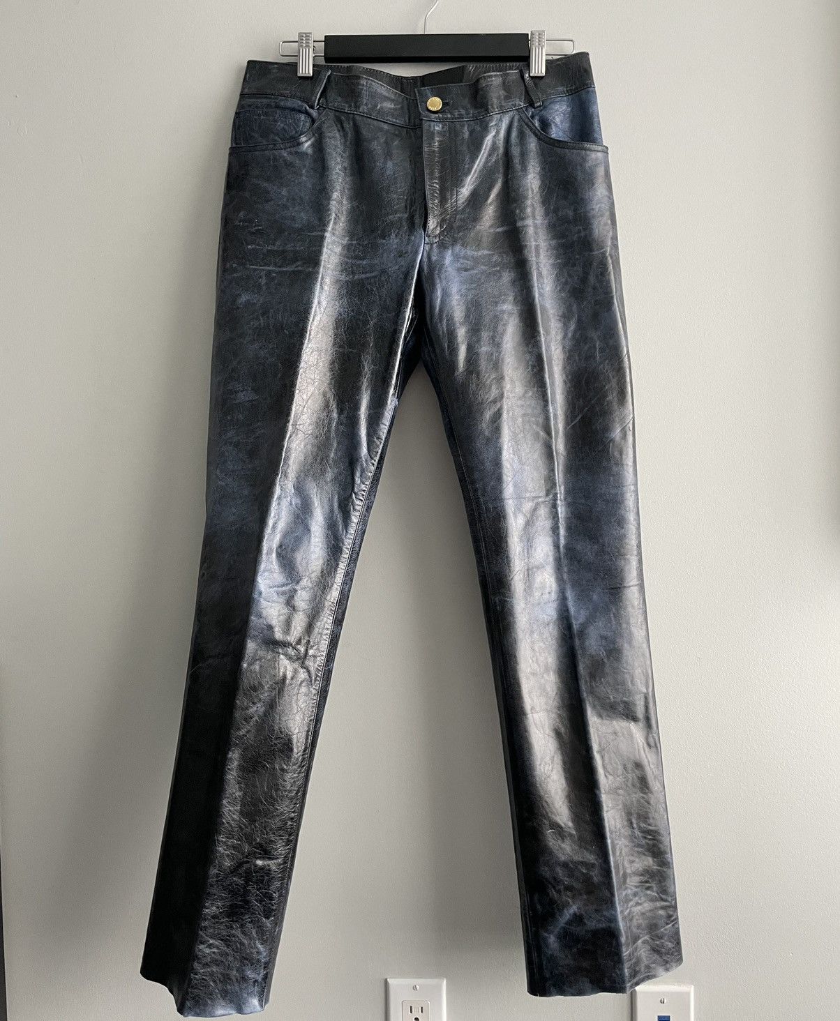 image of Roberto Cavalli Vintage Leather Pants in Blue/Black, Men's (Size 31)