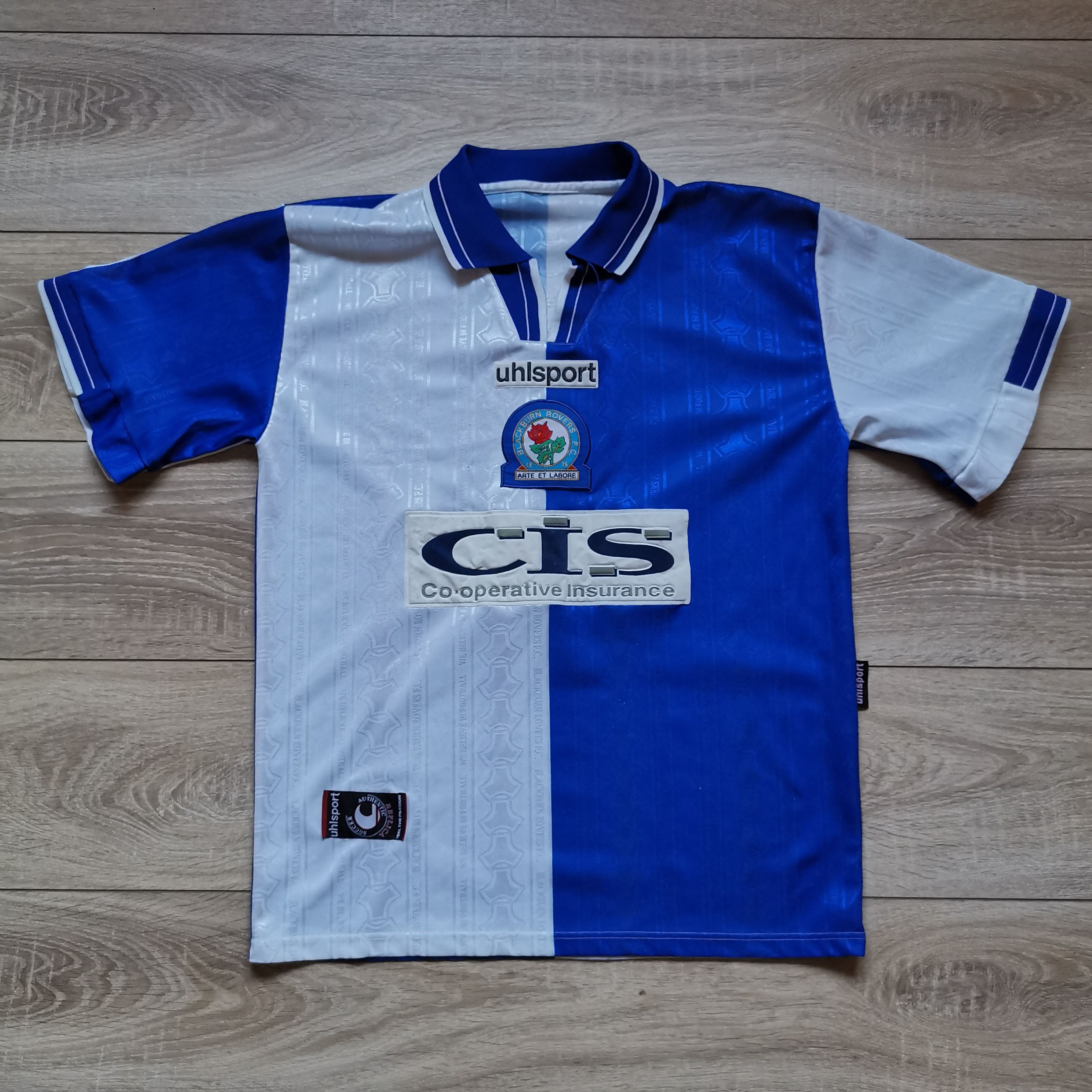 image of Soccer Jersey x Vintage Uhlsport Blackburn Rovers 1998 2000 Hone Jersey Soccer in White Blue (Size 