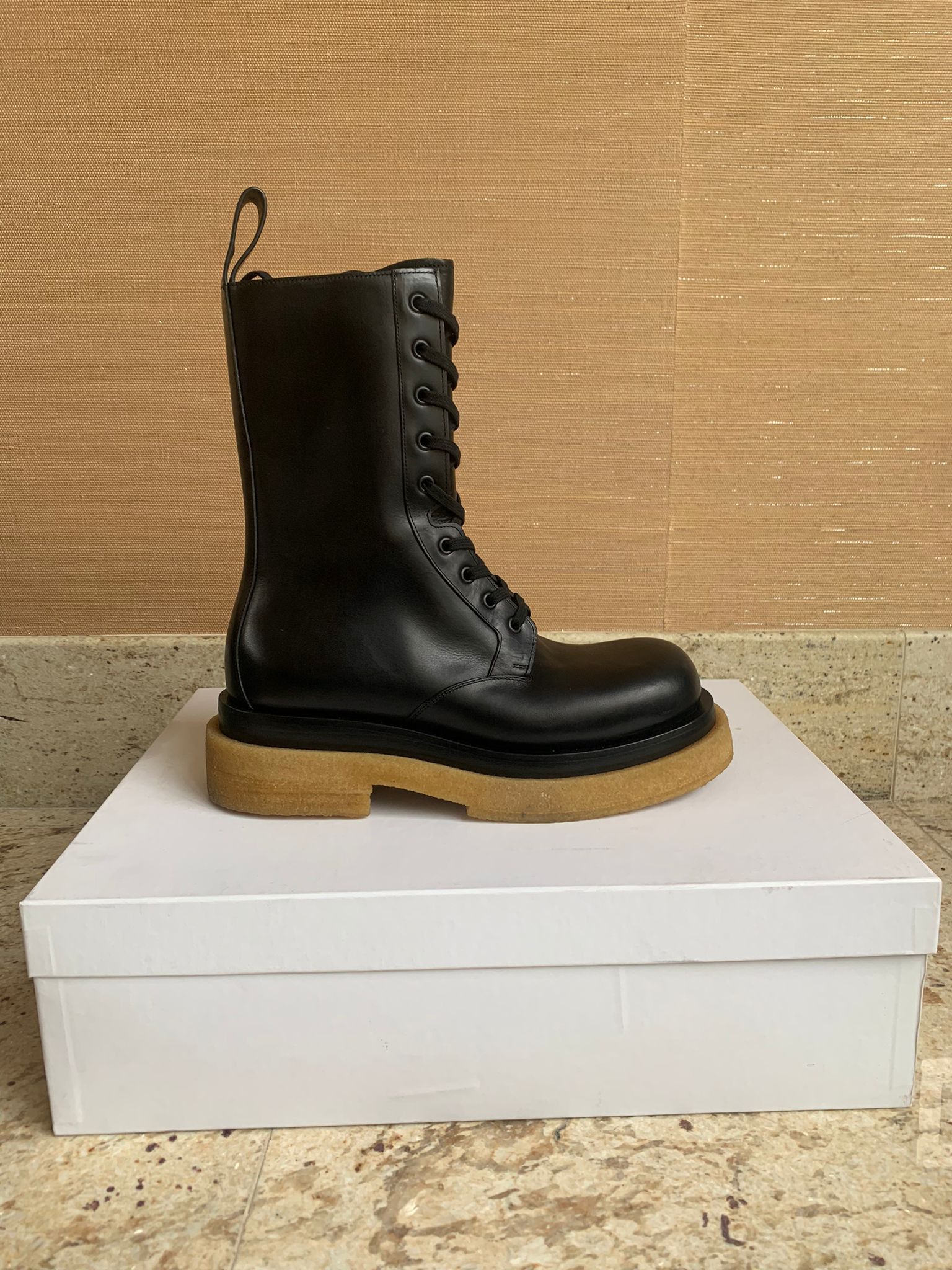 image of Bottega Veneta Bv Lug Boots In Black / Brown Sole in Black/Brown Sole, Men's (Size 8)