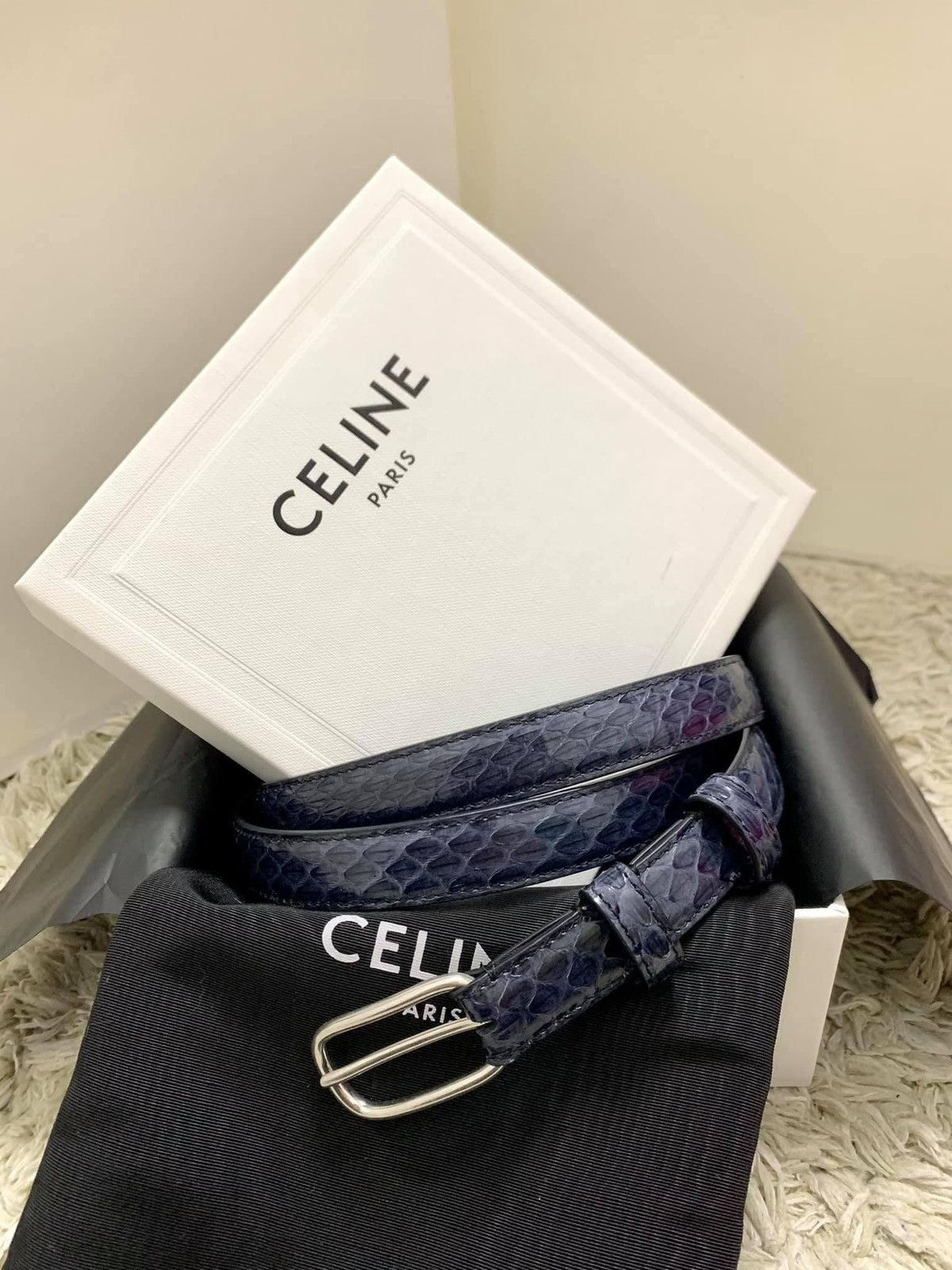 Celine × Hedi Slimane SS20 Navy Rounded Buckle Watersnake Belt sz80 Size 30 - 1 Thumbnail