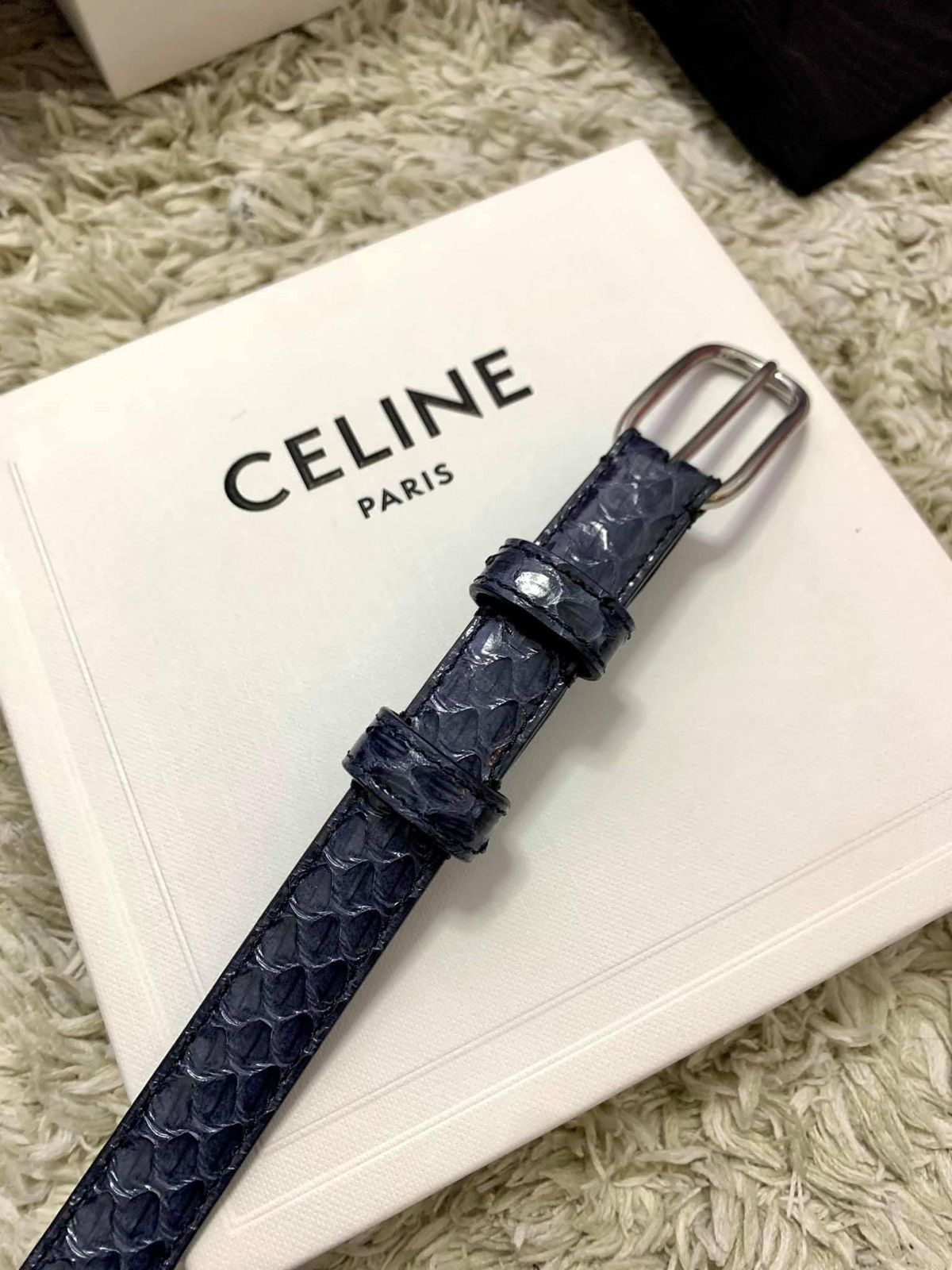 Celine × Hedi Slimane SS20 Navy Rounded Buckle Watersnake Belt sz80 Size 30 - 4 Thumbnail