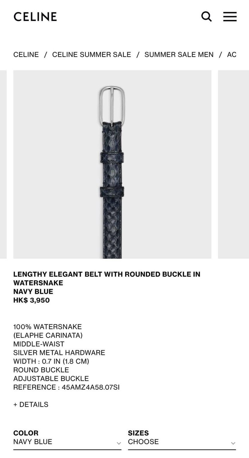 Celine × Hedi Slimane SS20 Navy Rounded Buckle Watersnake Belt sz80 Size 30 - 10 Thumbnail
