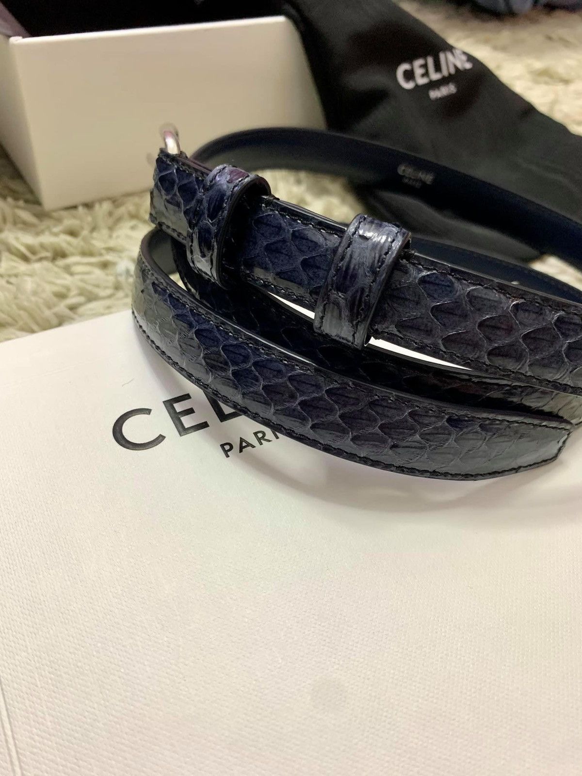 Celine × Hedi Slimane SS20 Navy Rounded Buckle Watersnake Belt sz80 Size 30 - 3 Thumbnail
