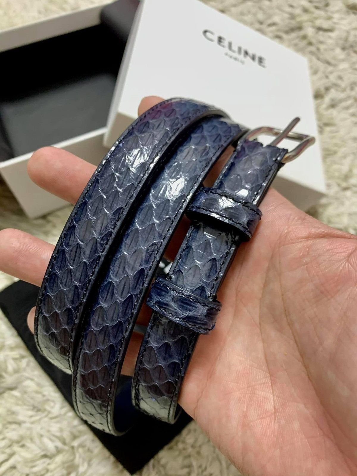 Celine × Hedi Slimane SS20 Navy Rounded Buckle Watersnake Belt sz80 Size 30 - 2 Thumbnail