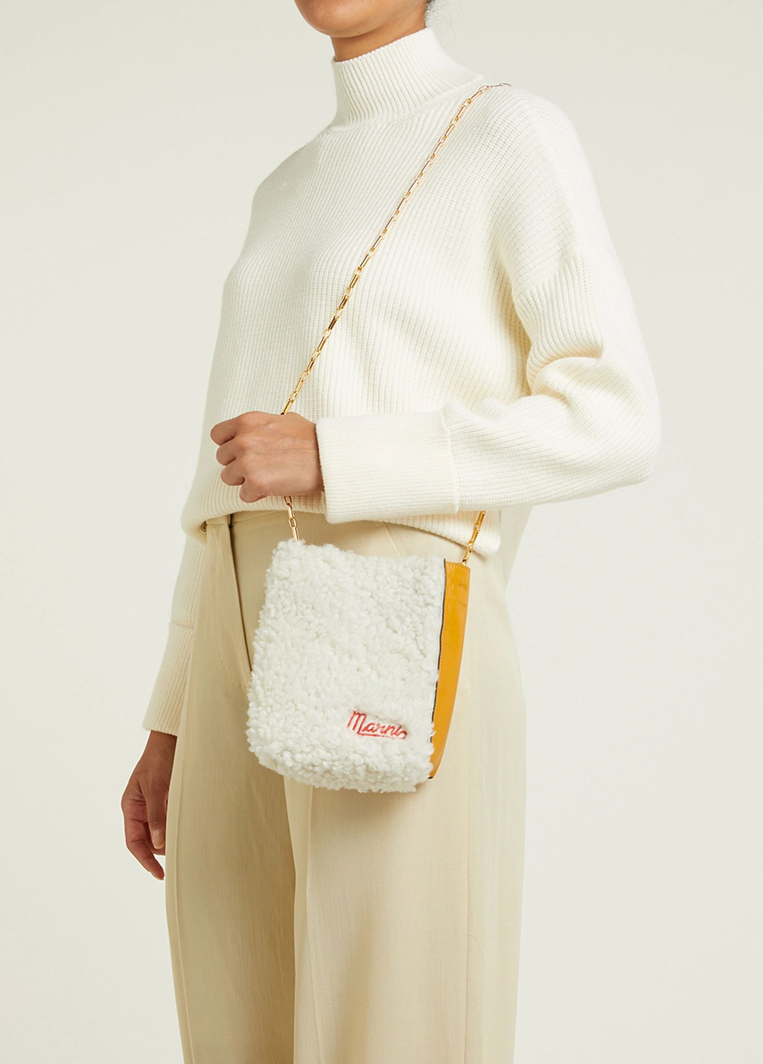 Marni MARNI Museo Nano white yellow shearling chain shoulder bag Size ONE SIZE - 2 Thumbnail