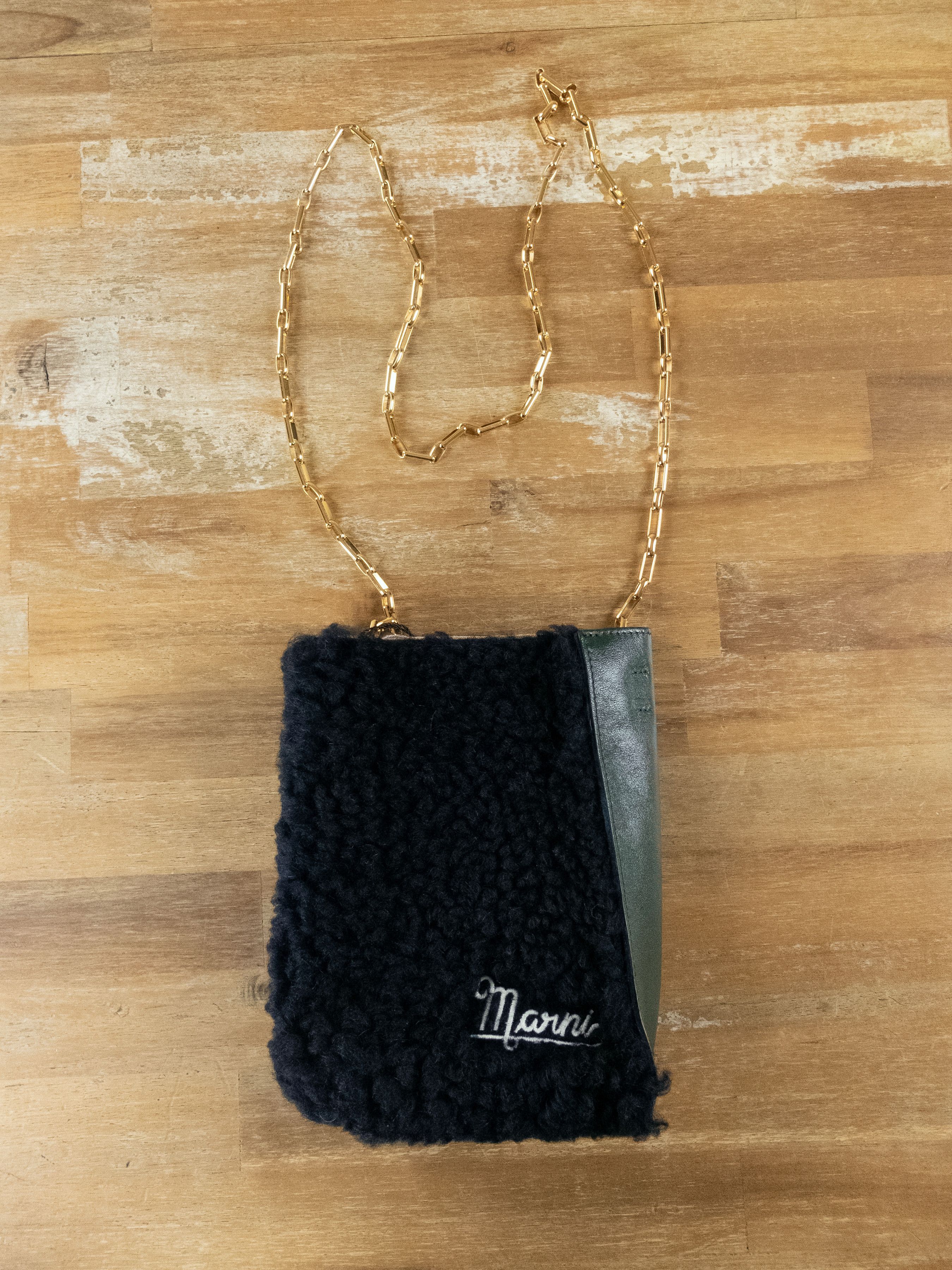 Marni MARNI Museo Nano black green shearling chain shoulder bag Size ONE SIZE - 6 Thumbnail